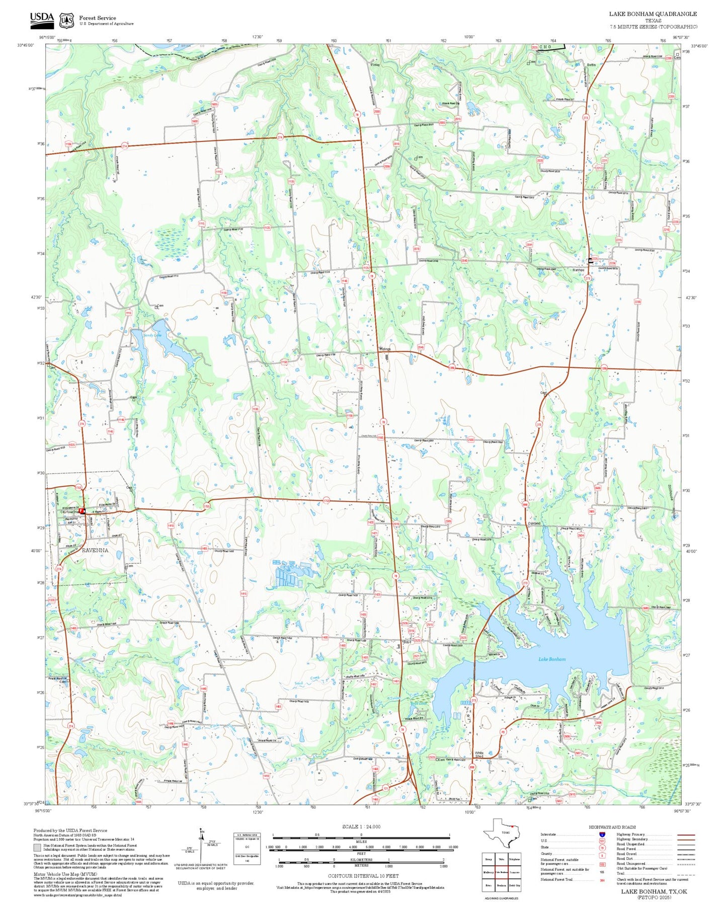 2025 Forest Service Topo Map of Lake Bonham Texas