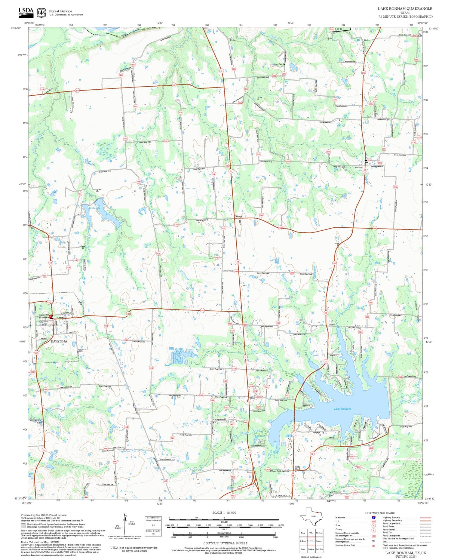 2025 Forest Service Topo Map of Lake Bonham Texas