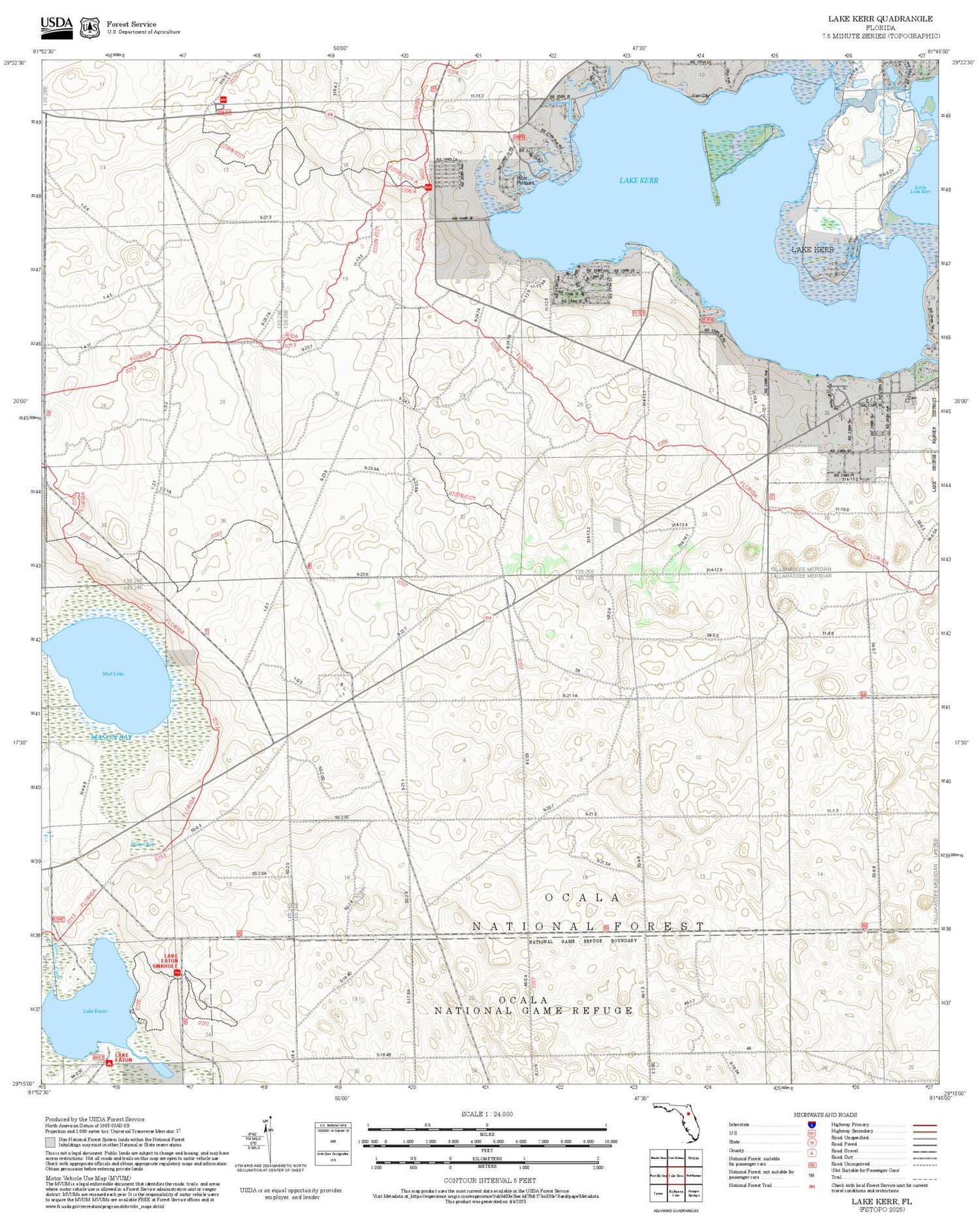 2025 Forest Service Topo Map of Lake Kerr Florida