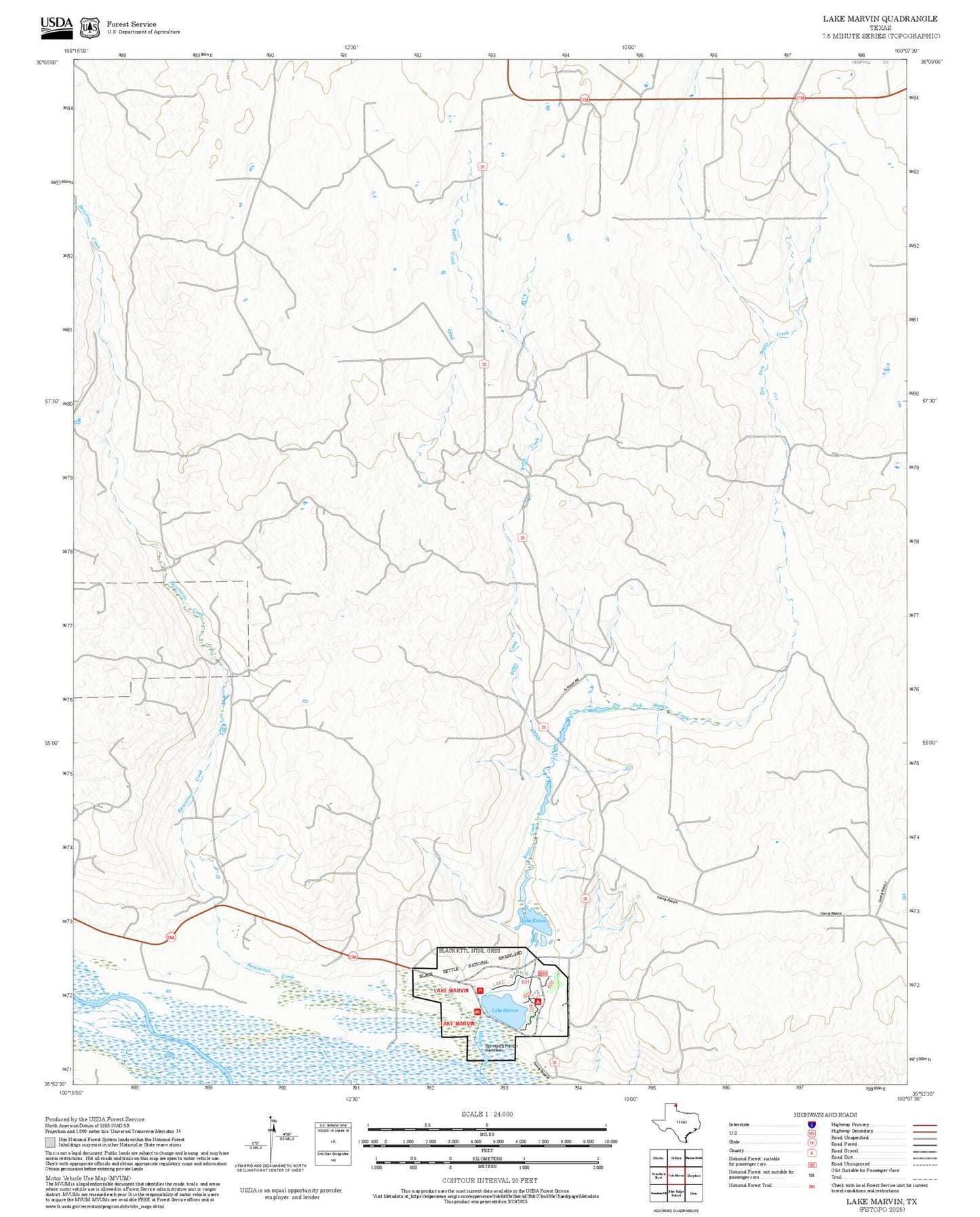 2025 Forest Service Topo Map of Lake Marvin Texas