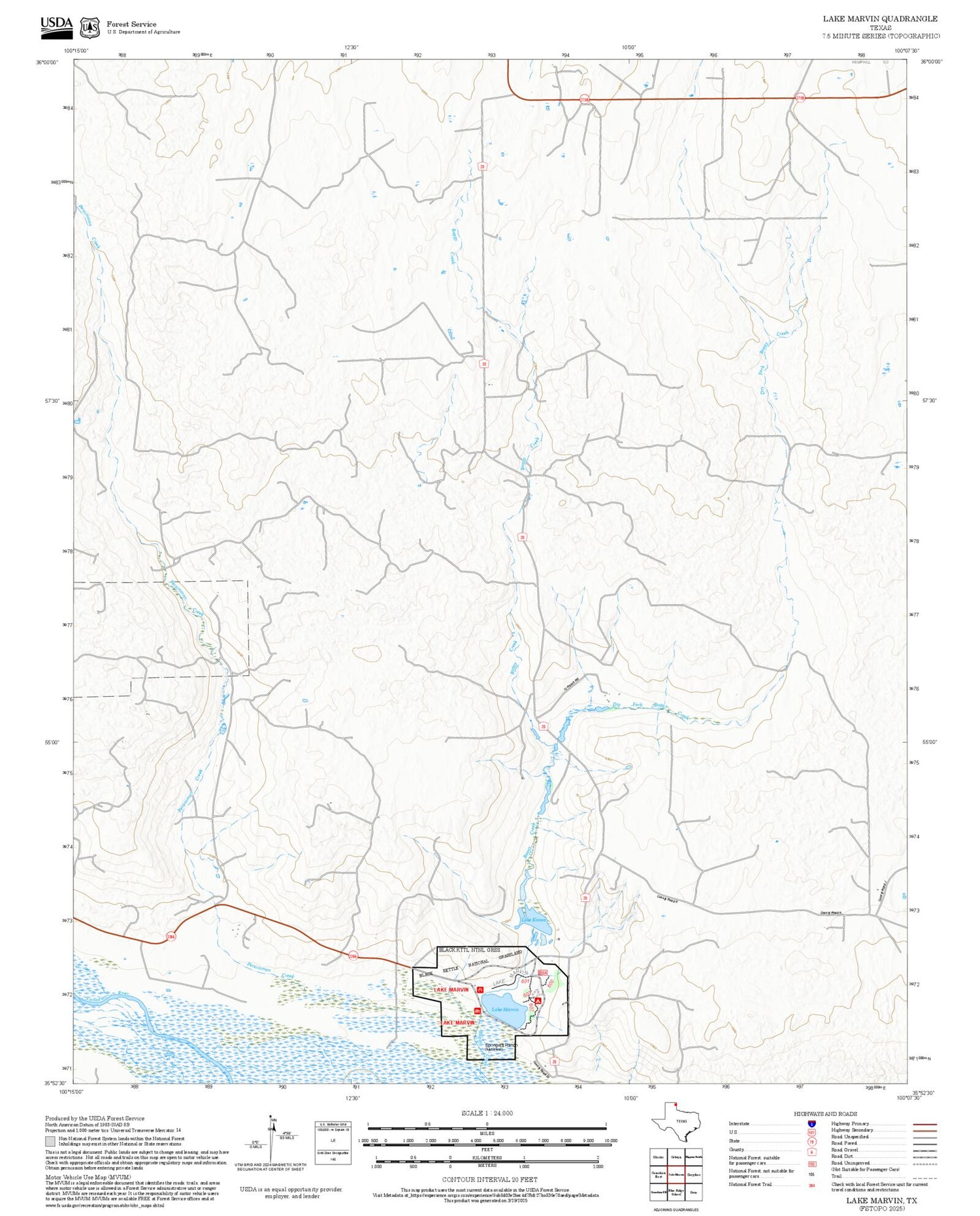 2025 Forest Service Topo Map of Lake Marvin Texas
