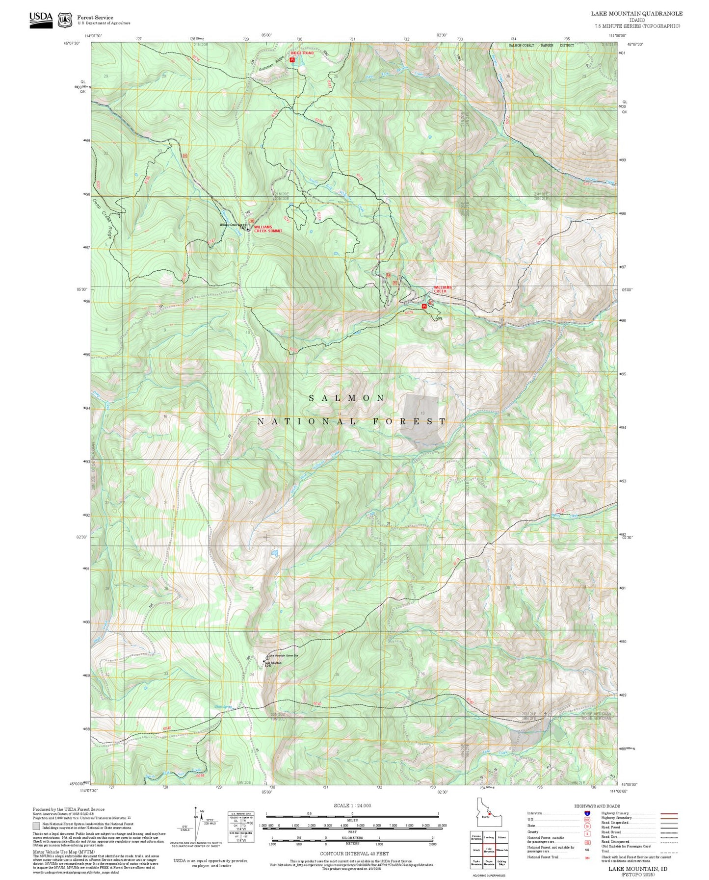 2025 Forest Service Topo Map of Lake Mountain Idaho