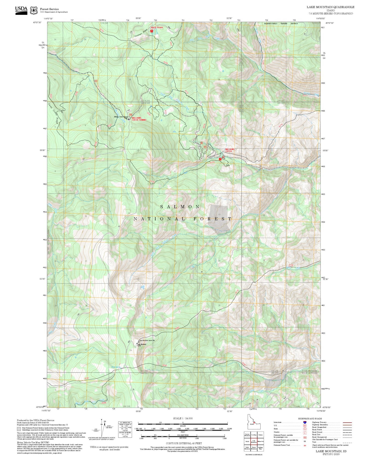 2025 Forest Service Topo Map of Lake Mountain Idaho