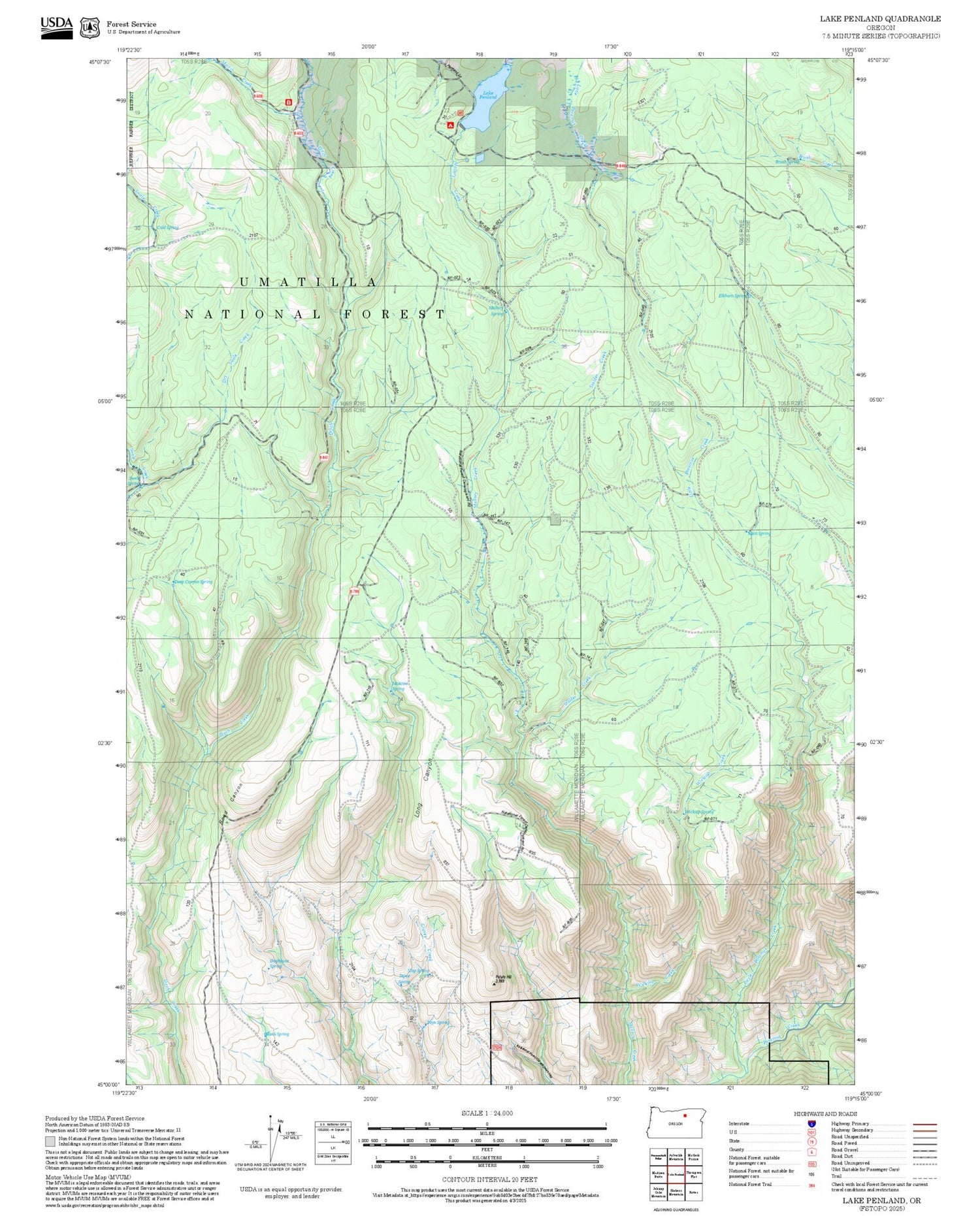 2025 Forest Service Topo Map of Lake Penland Oregon