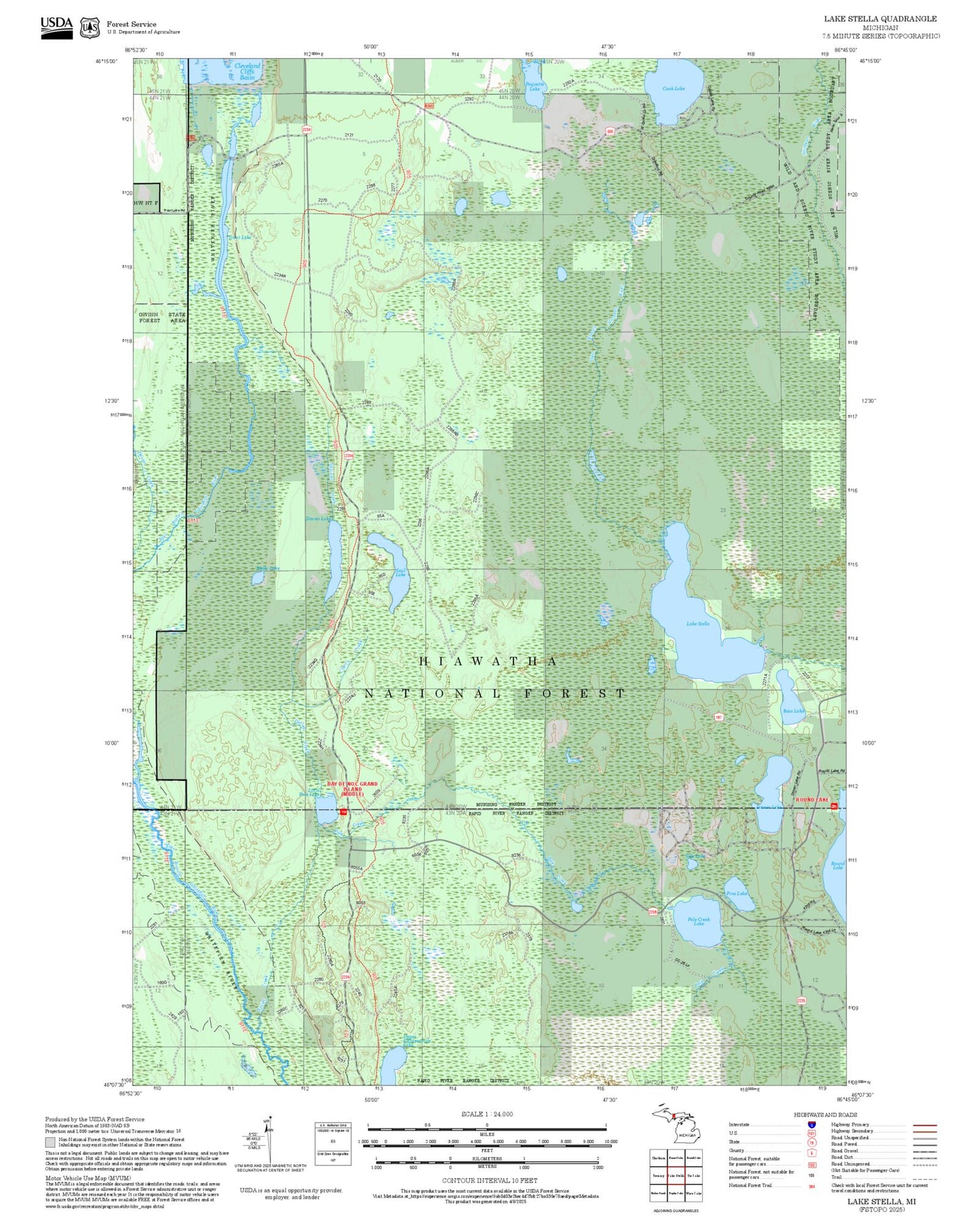 2025 Forest Service Topo Map of Lake Stella Michigan