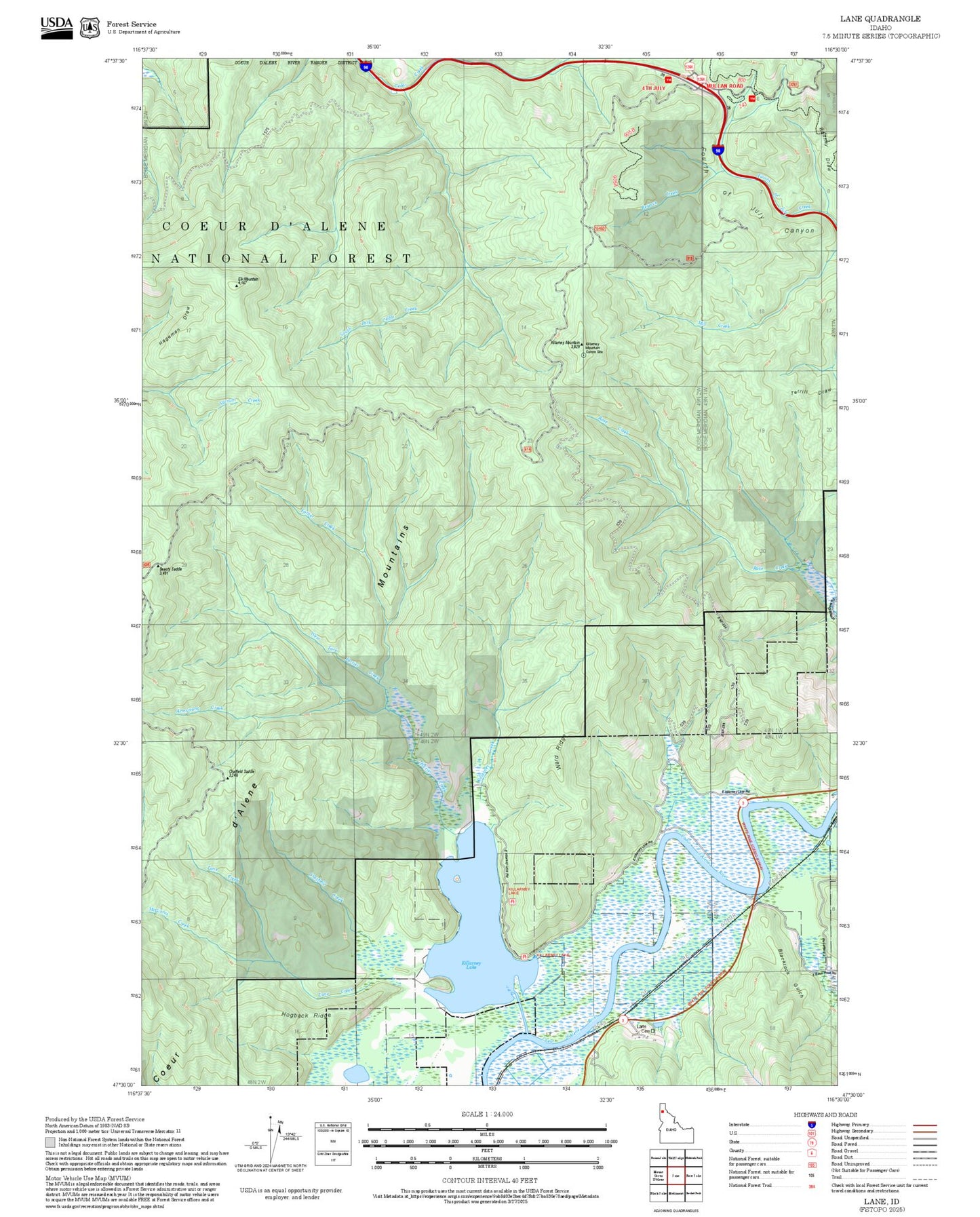 2025 Forest Service Topo Map of Lane Idaho