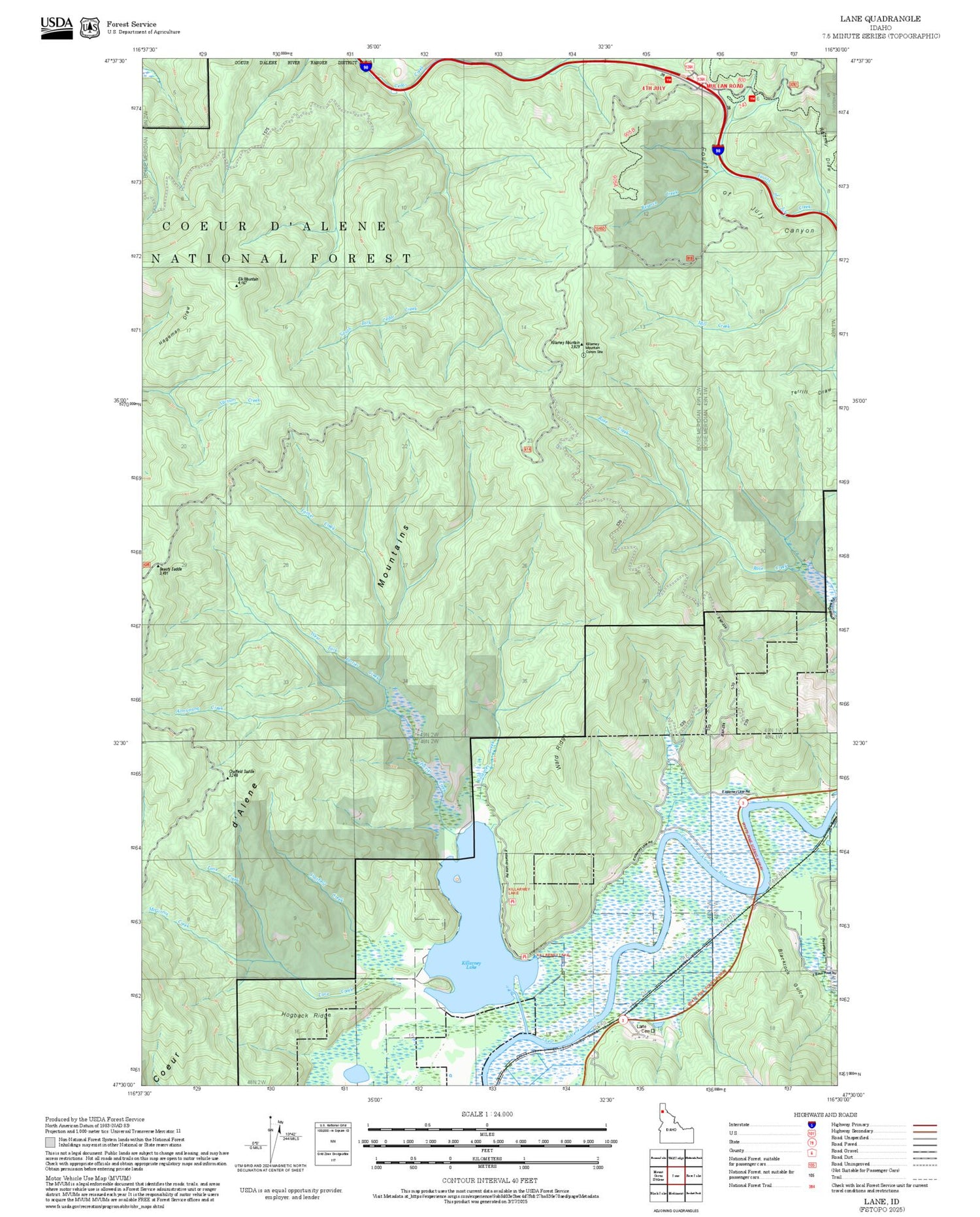 2025 Forest Service Topo Map of Lane Idaho