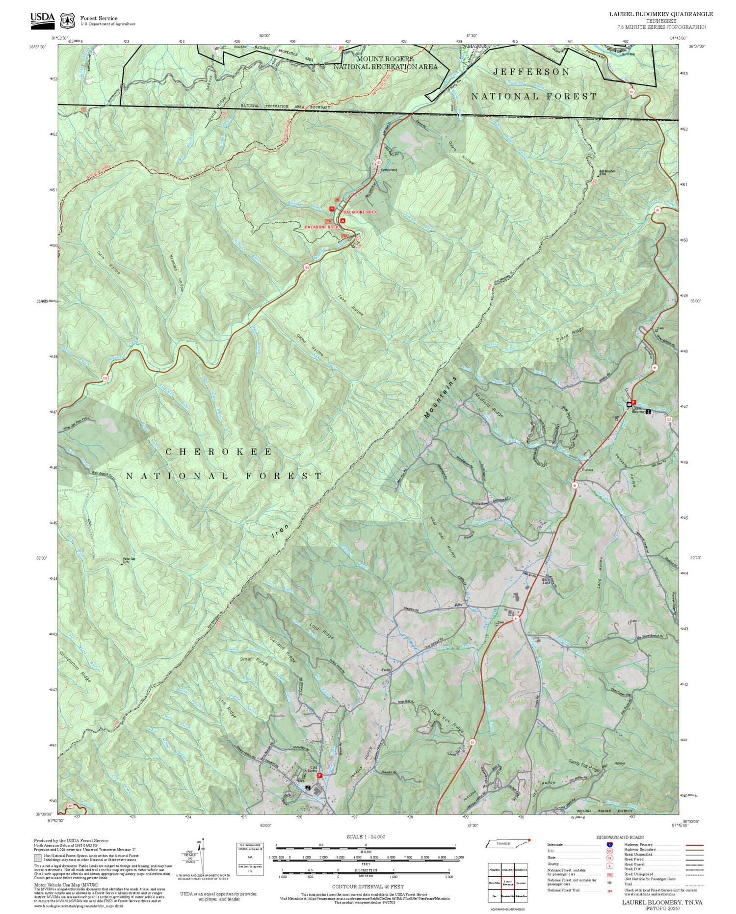 2025 Forest Service Topo Map of Laurel Bloomery Tennessee