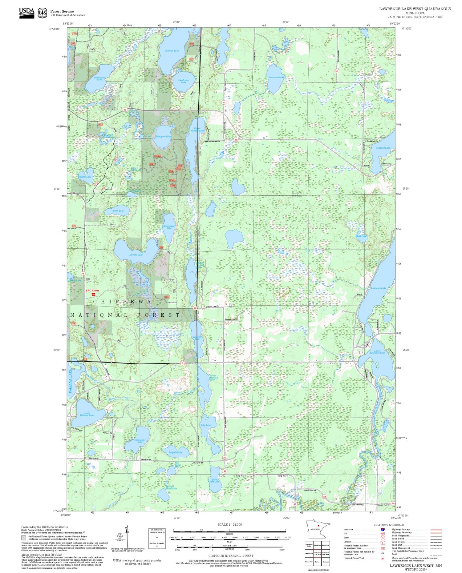 2025 Forest Service Topo Map of Lawrence Lake West Minnesota