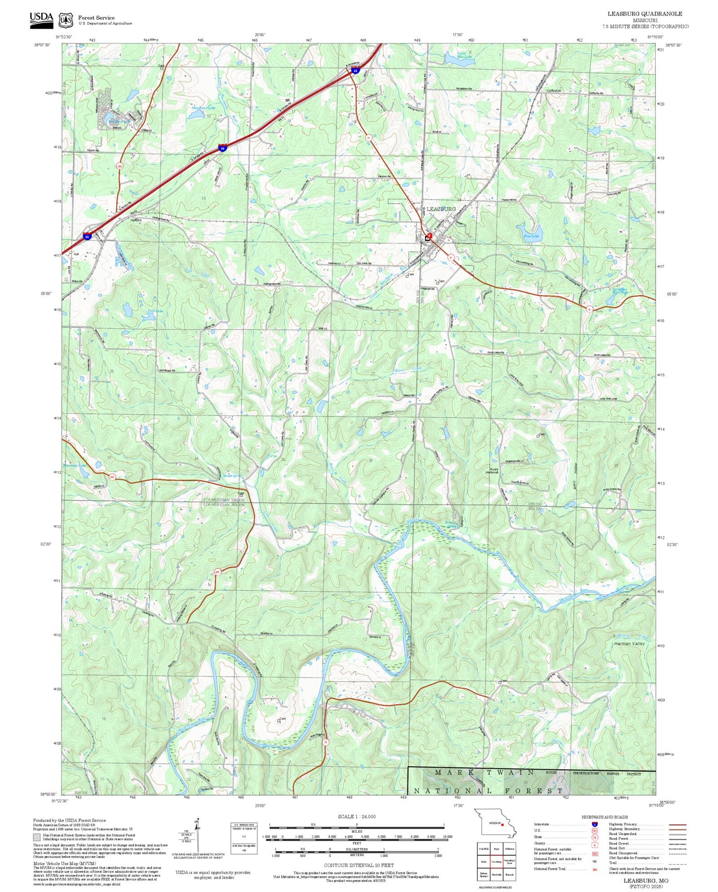 2025 Forest Service Topo Map of Leasburg Missouri