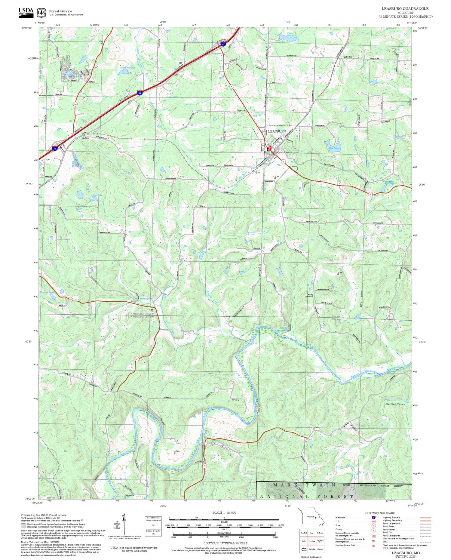 2025 Forest Service Topo Map of Leasburg Missouri
