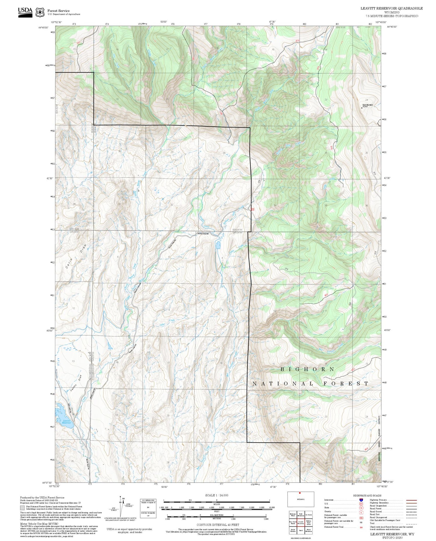 2025 Forest Service Topo Map of Leavitt Reservoir Wyoming