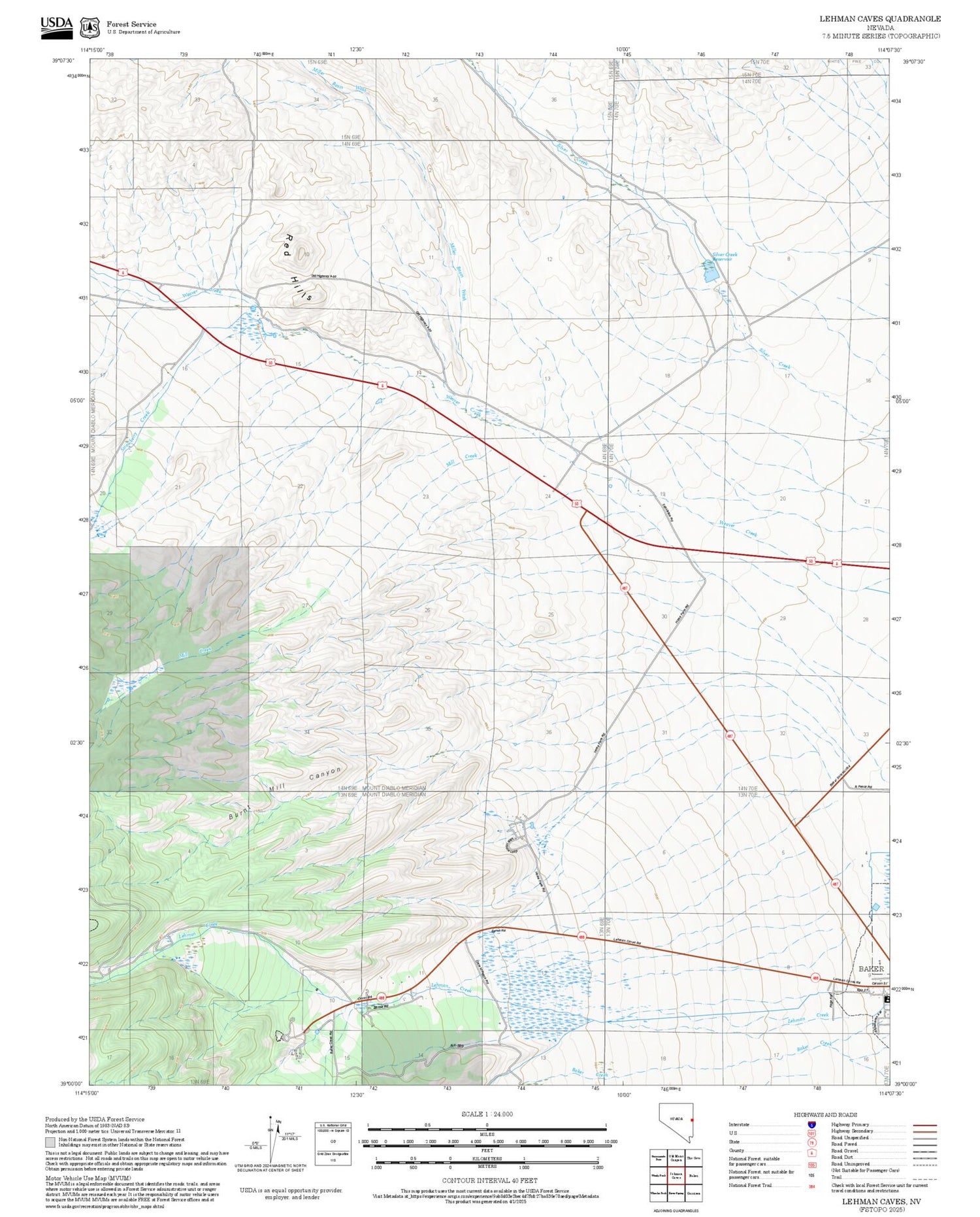 2025 Forest Service Topo Map of Lehman Caves Nevada