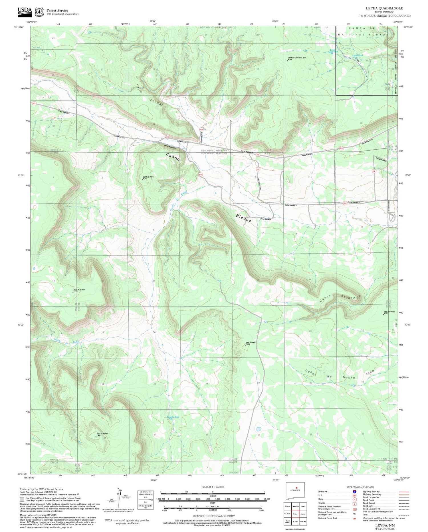 2025 Forest Service Topo Map of Leyba New Mexico