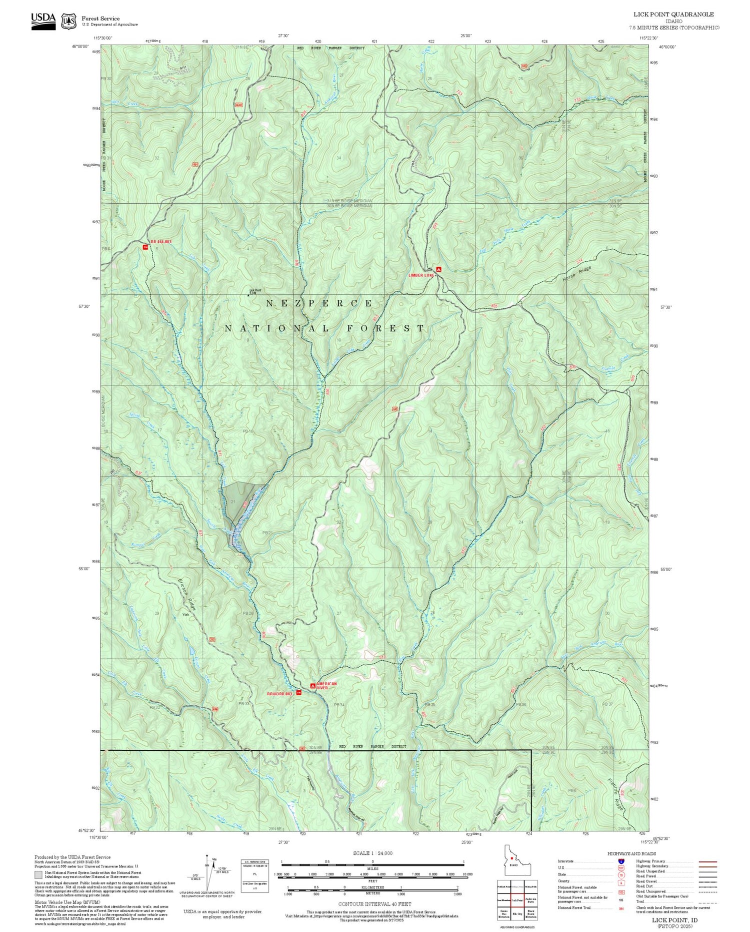2025 Forest Service Topo Map of Lick Point Idaho