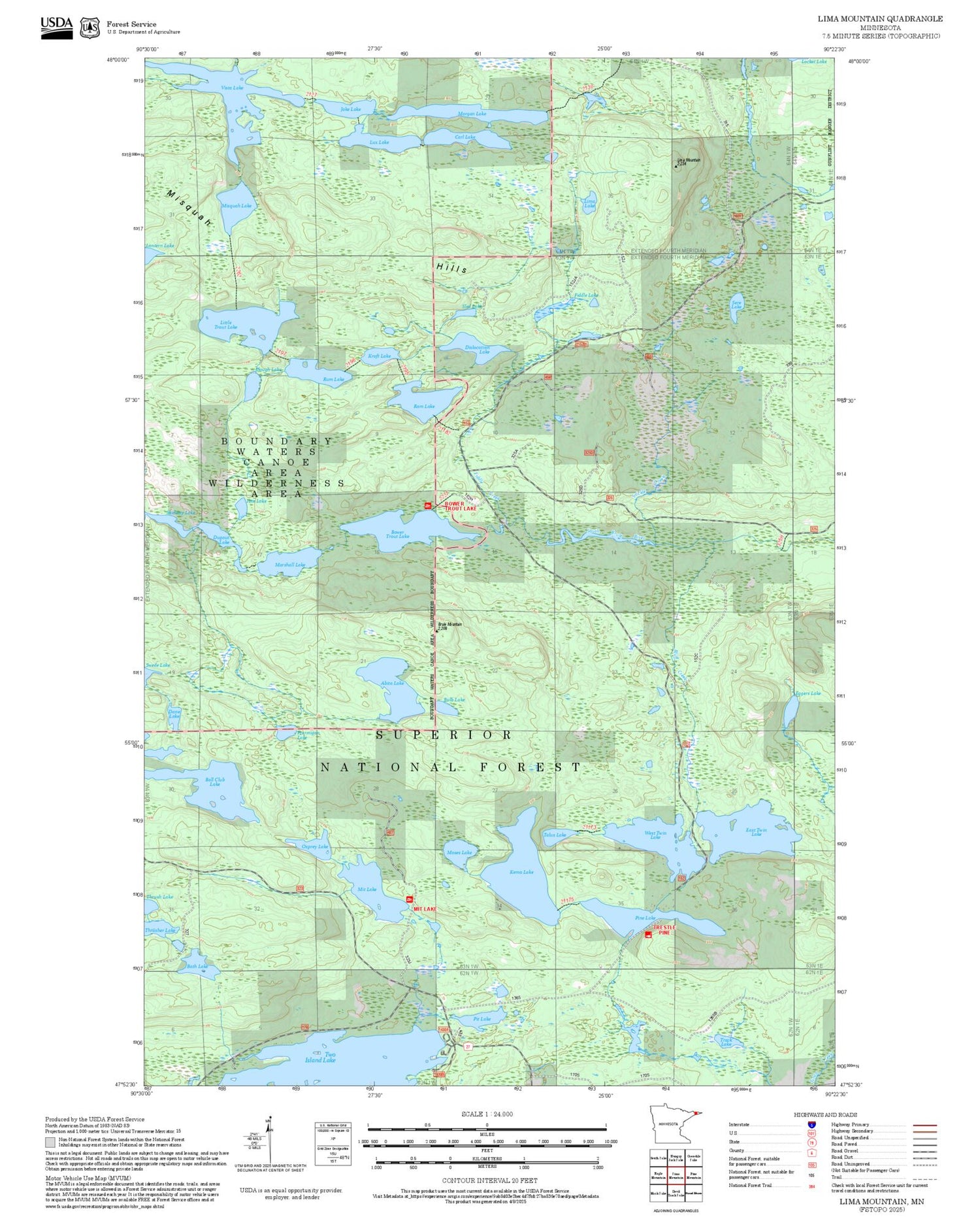 2025 Forest Service Topo Map of Lima Mountain Minnesota