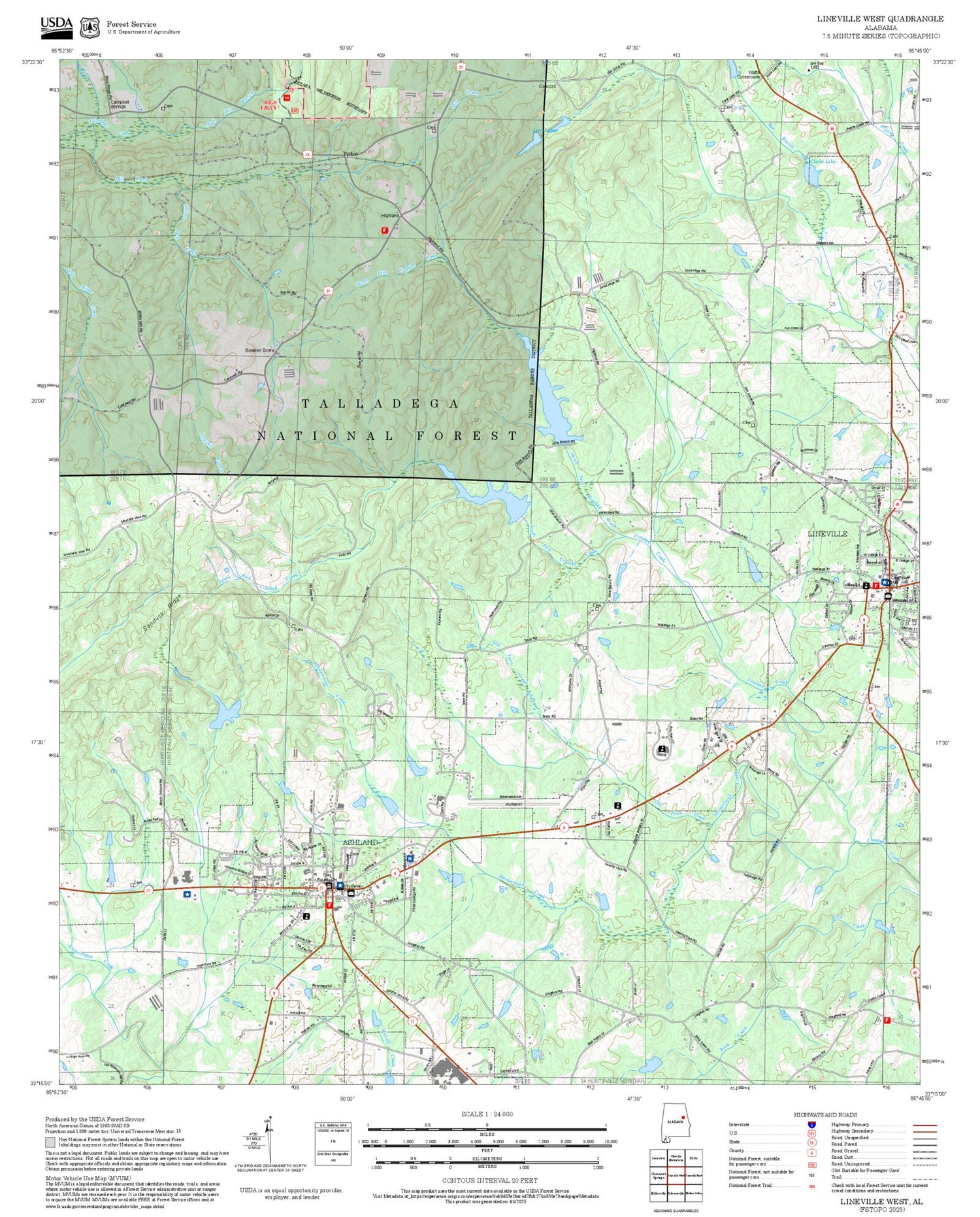 2025 Forest Service Topo Map of Lineville West Alabama