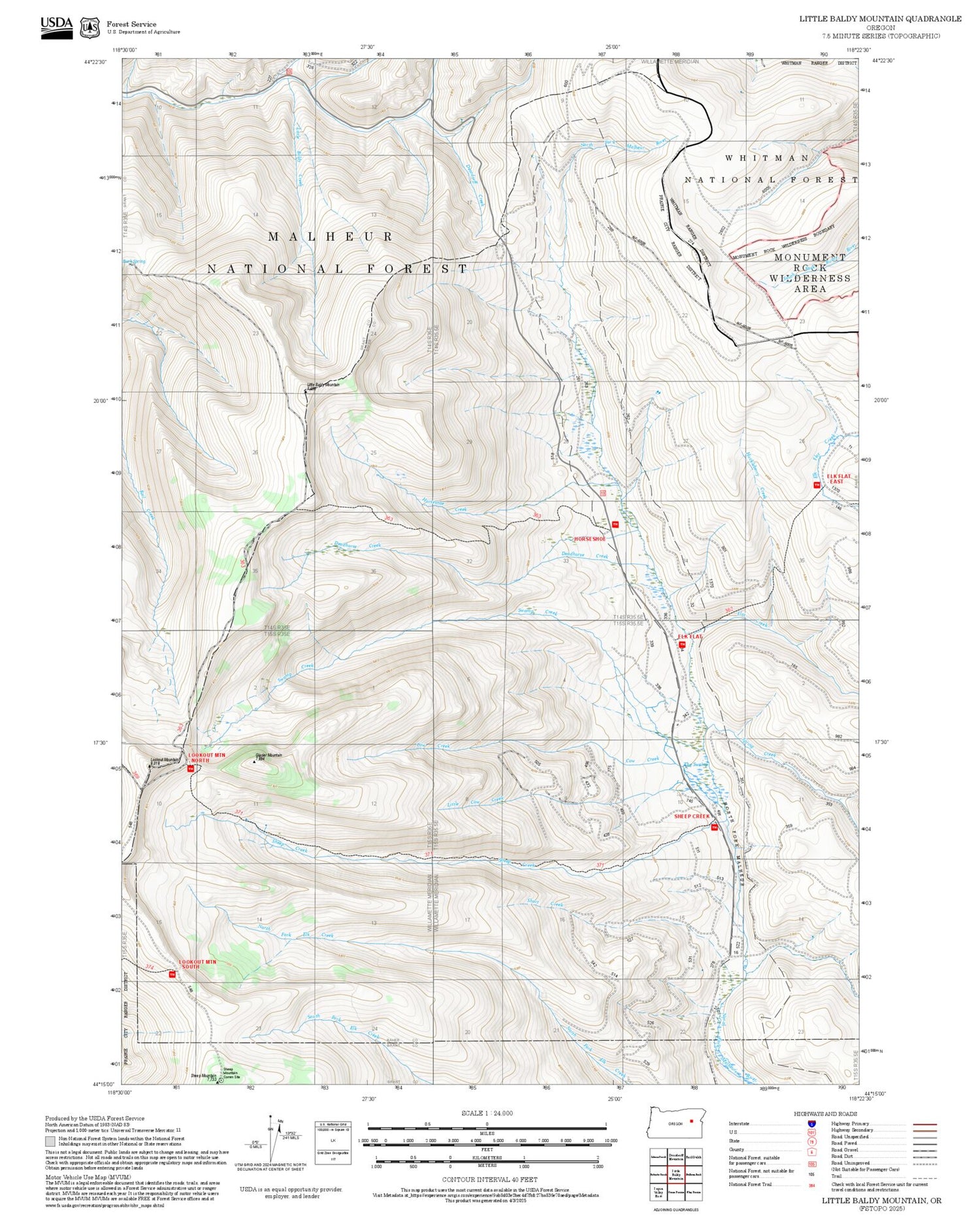 2025 Forest Service Topo Map of Little Baldy Mountain Oregon