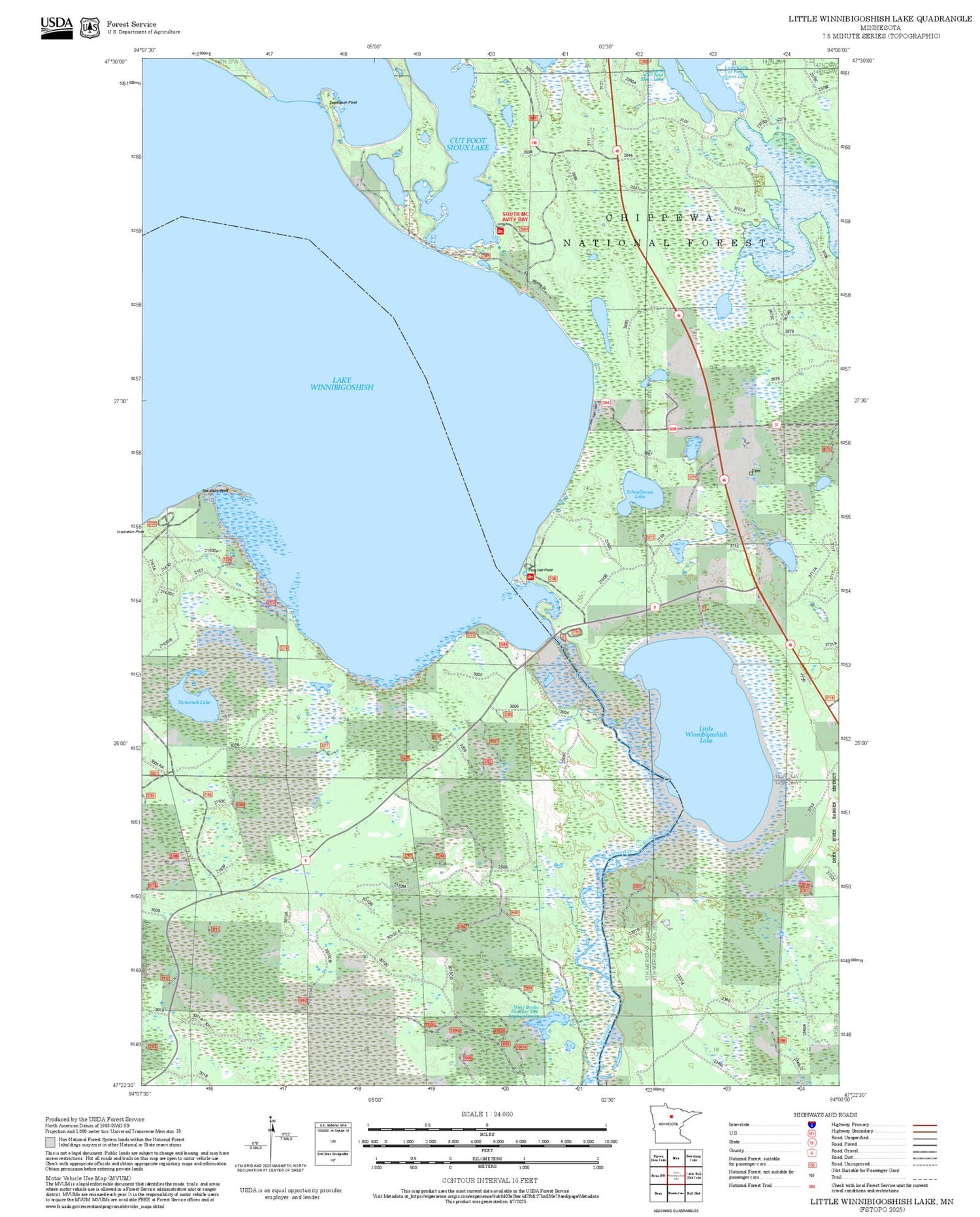 2025 Forest Service Topo Map of Little Winnibigoshish Lake Minnesota