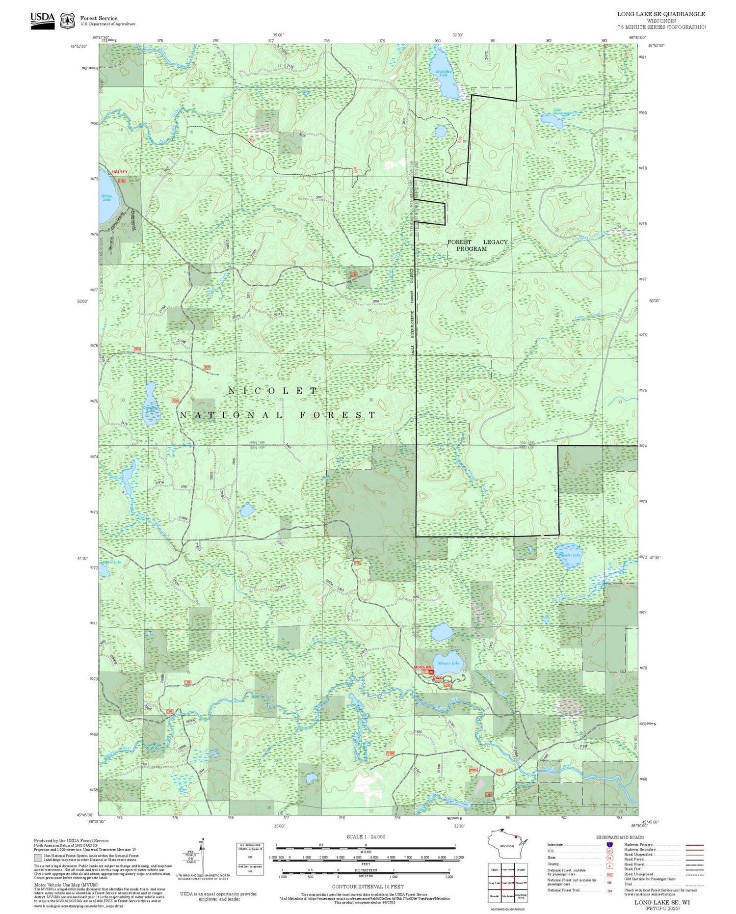 2025 Forest Service Topo Map of Long Lake SE Wisconsin