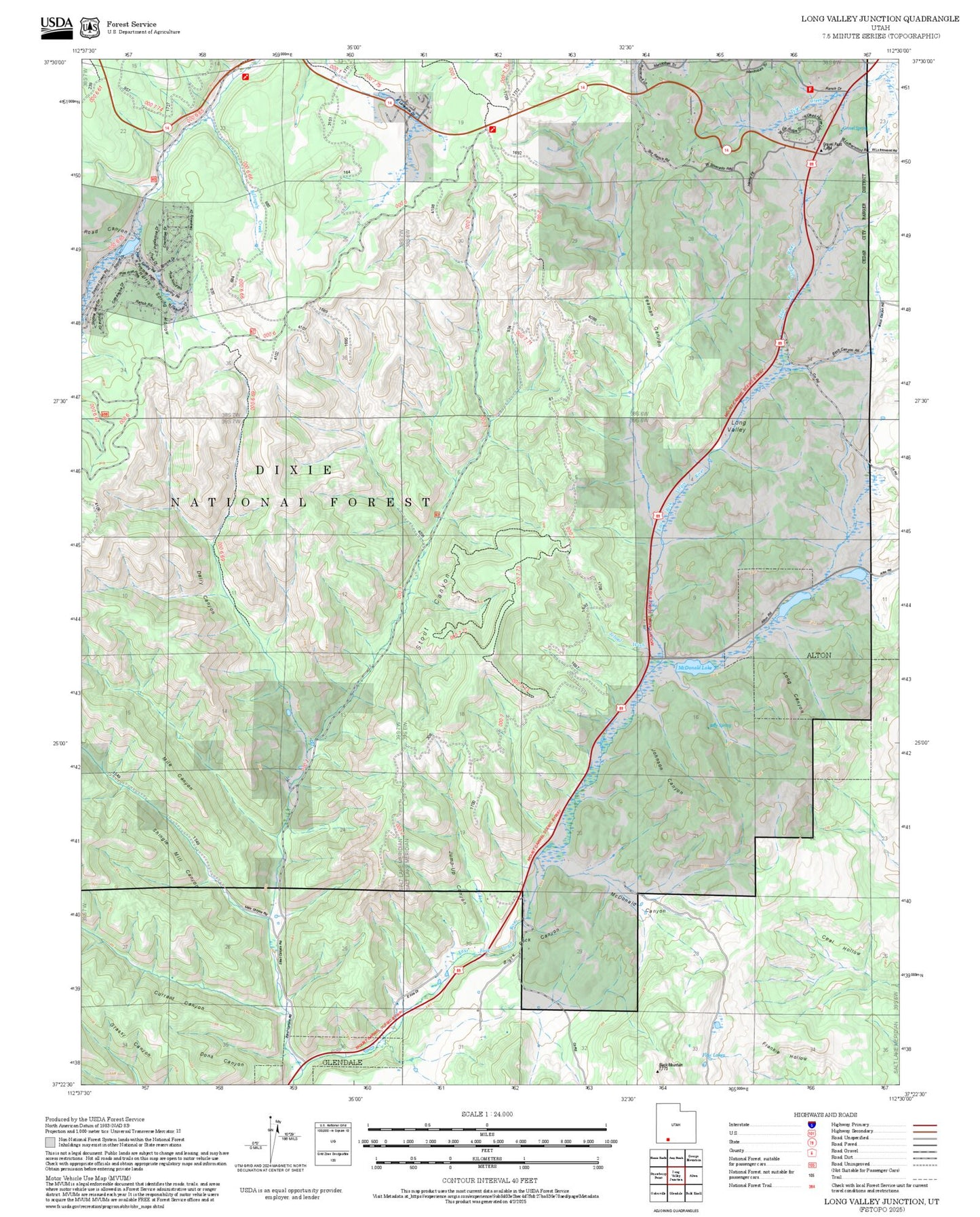2025 Forest Service Topo Map of Long Valley Junction Utah