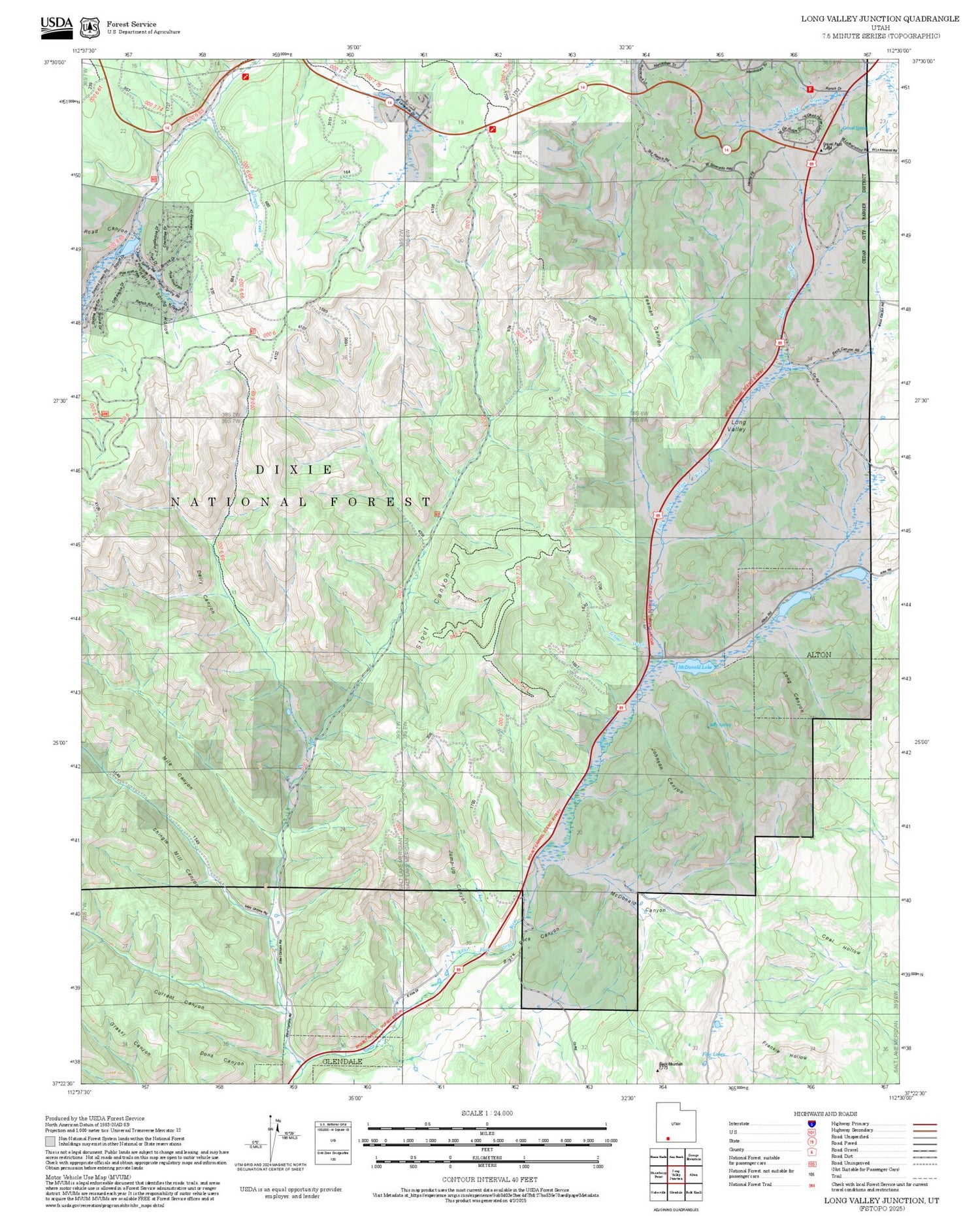 2025 Forest Service Topo Map of Long Valley Junction Utah