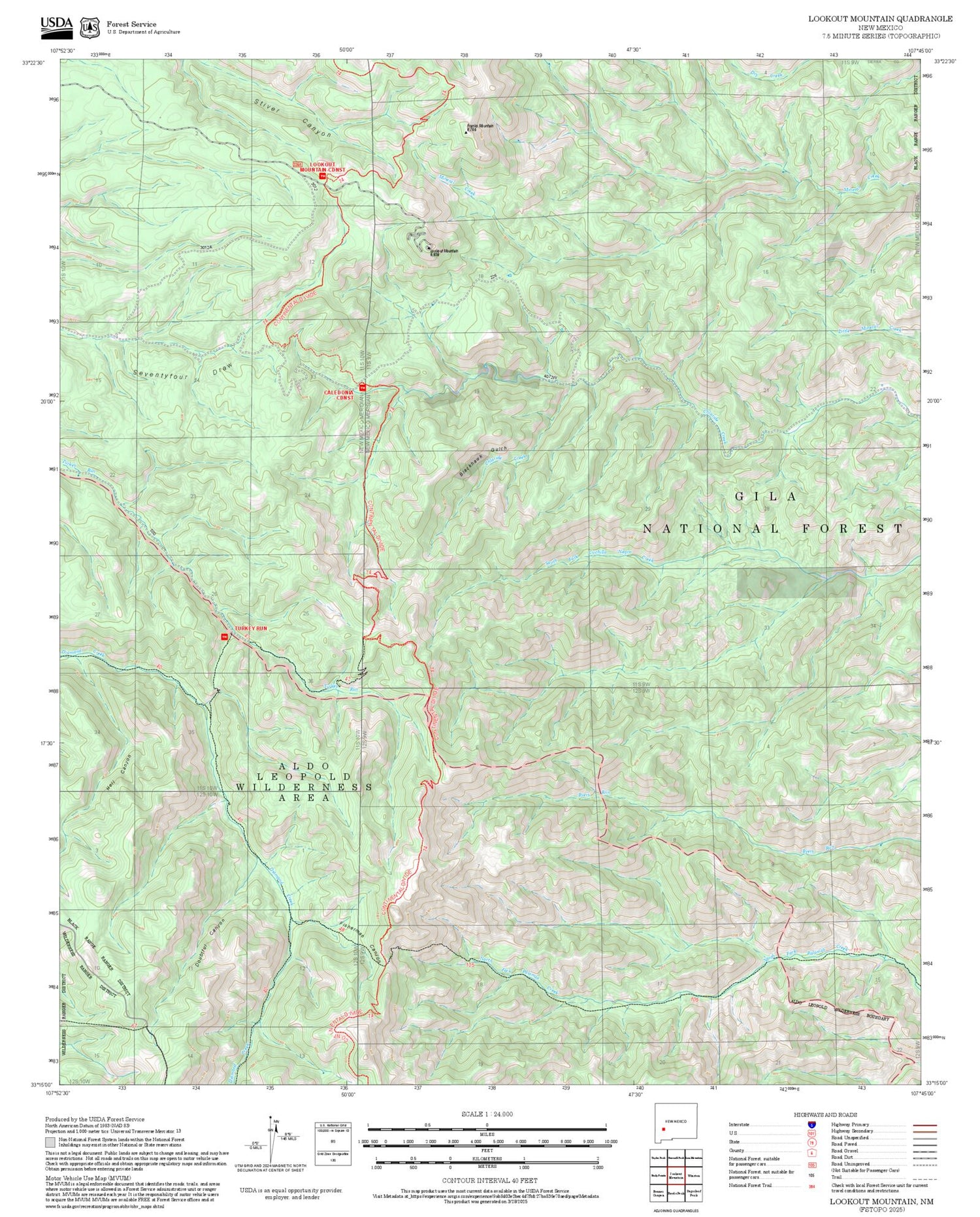 2025 Forest Service Topo Map of Lookout Mountain New Mexico