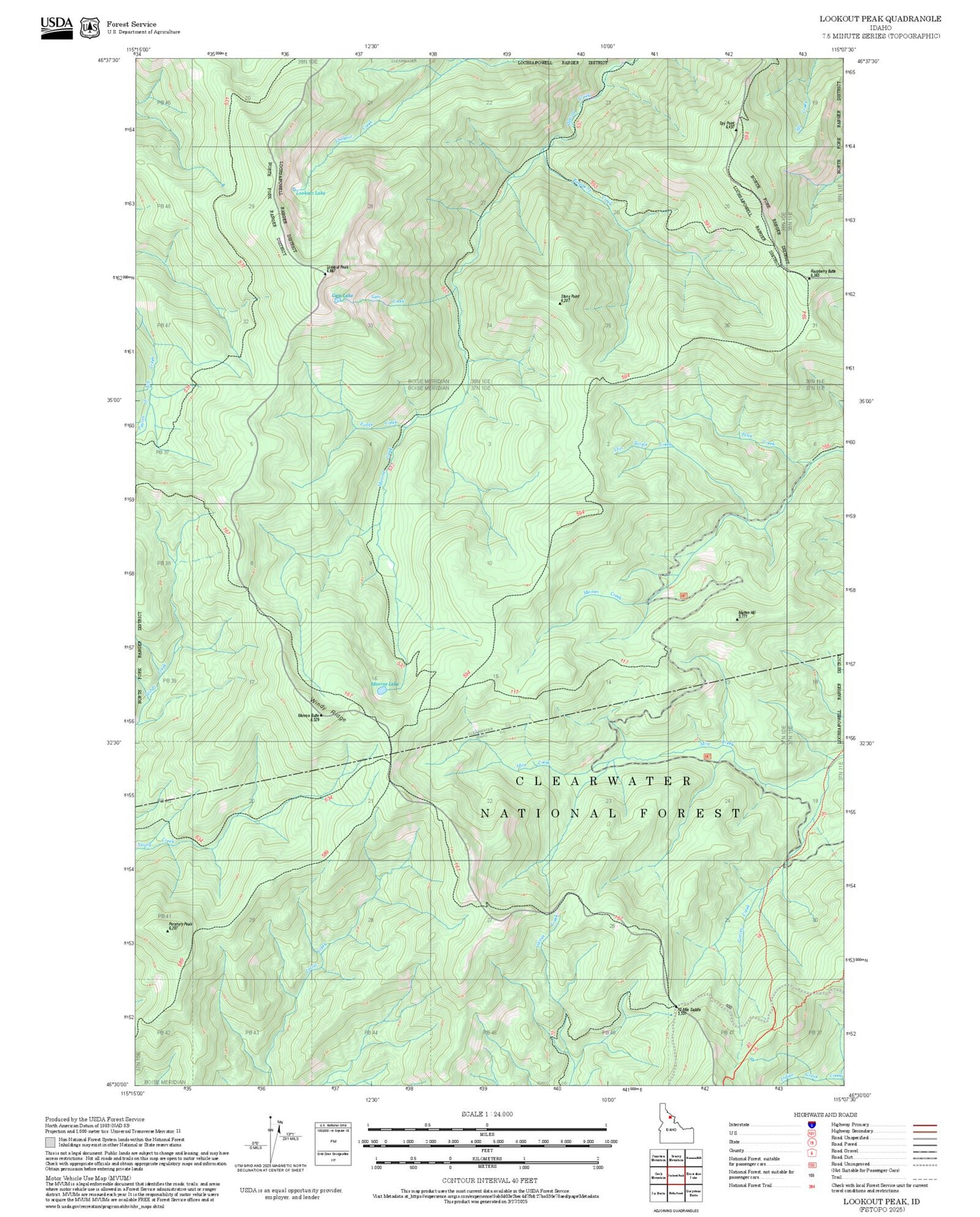2025 Forest Service Topo Map of Lookout Peak Idaho