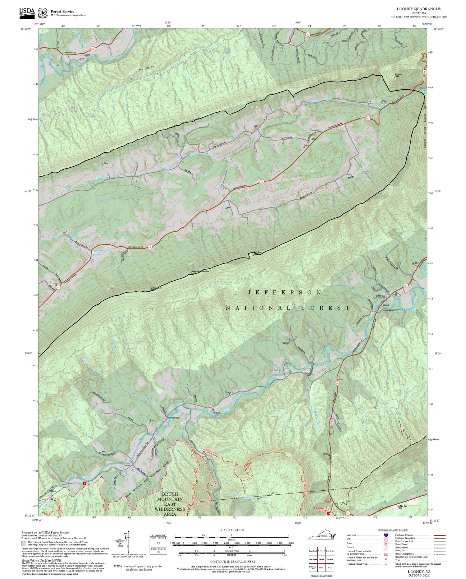 2025 Forest Service Topo Map of Looney Virginia