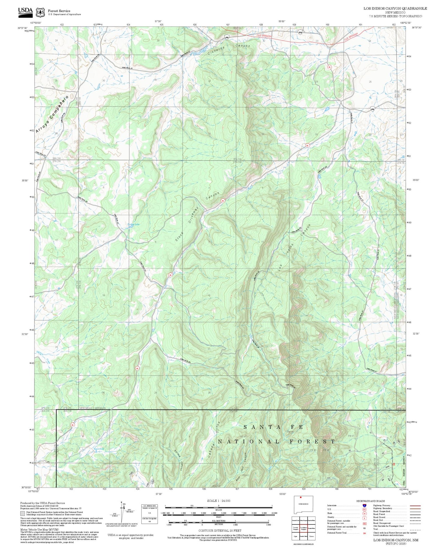 2025 Forest Service Topo Map of Los Indios Canyon New Mexico