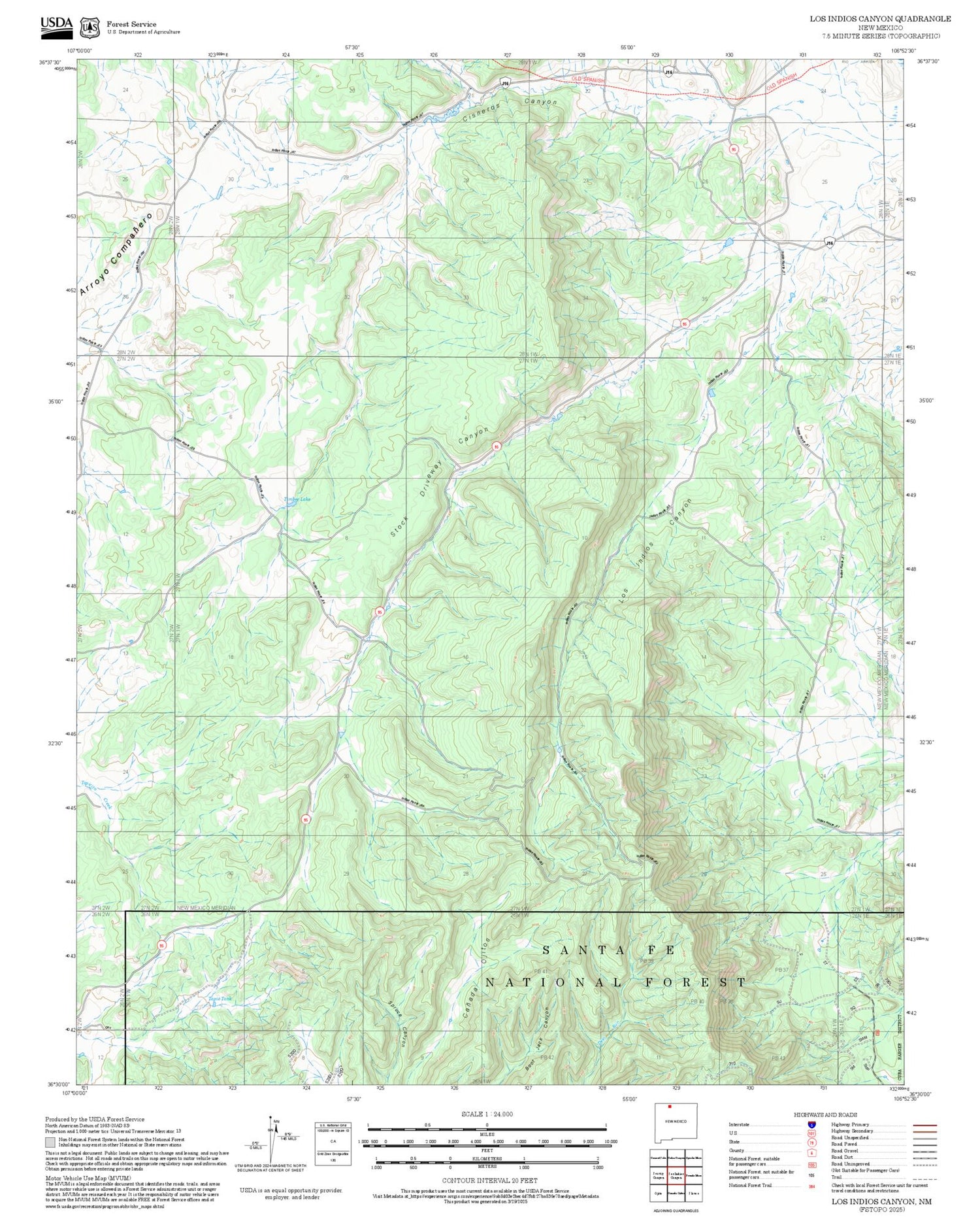 2025 Forest Service Topo Map of Los Indios Canyon New Mexico