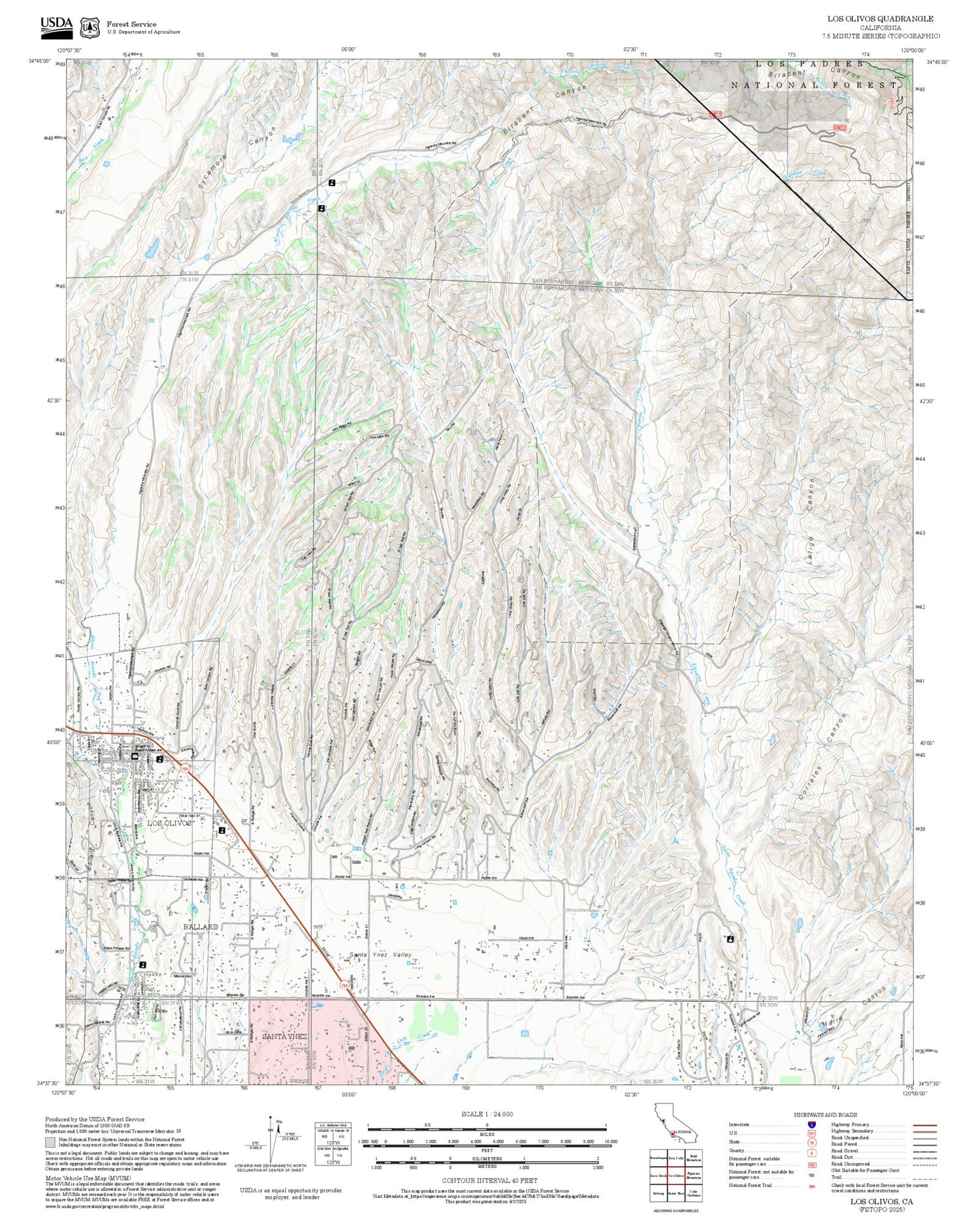 2025 Forest Service Topo Map of Los Olivos California