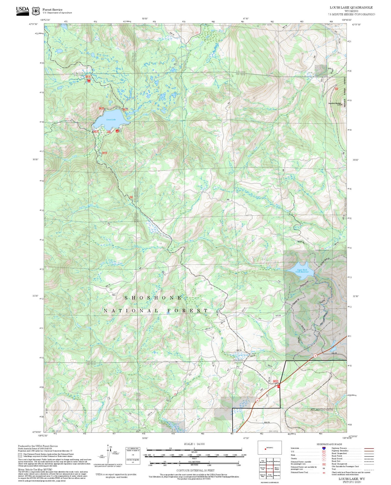 2025 Forest Service Topo Map of Louis Lake Wyoming