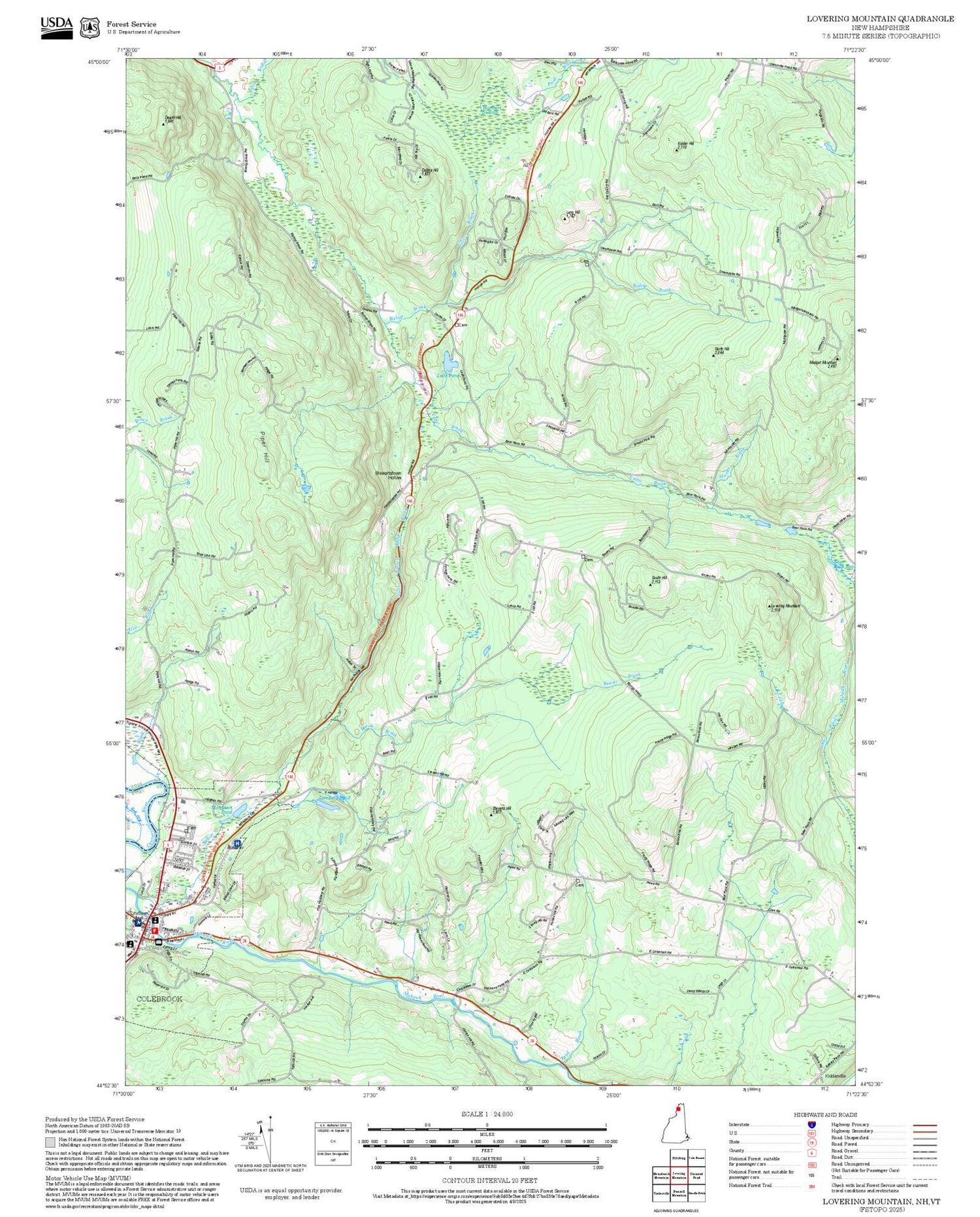 2025 Forest Service Topo Map of Lovering Mountain New Hampshire