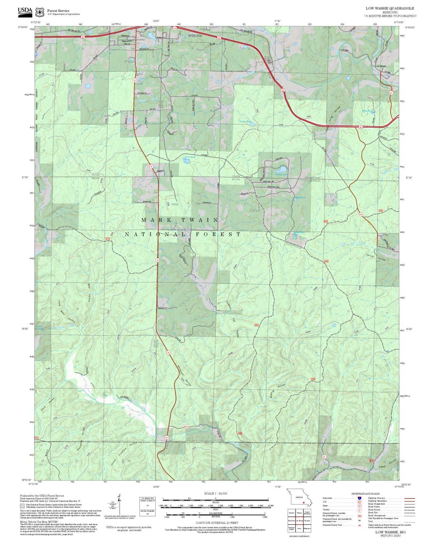 2025 Forest Service Topo Map of Low Wassie Missouri