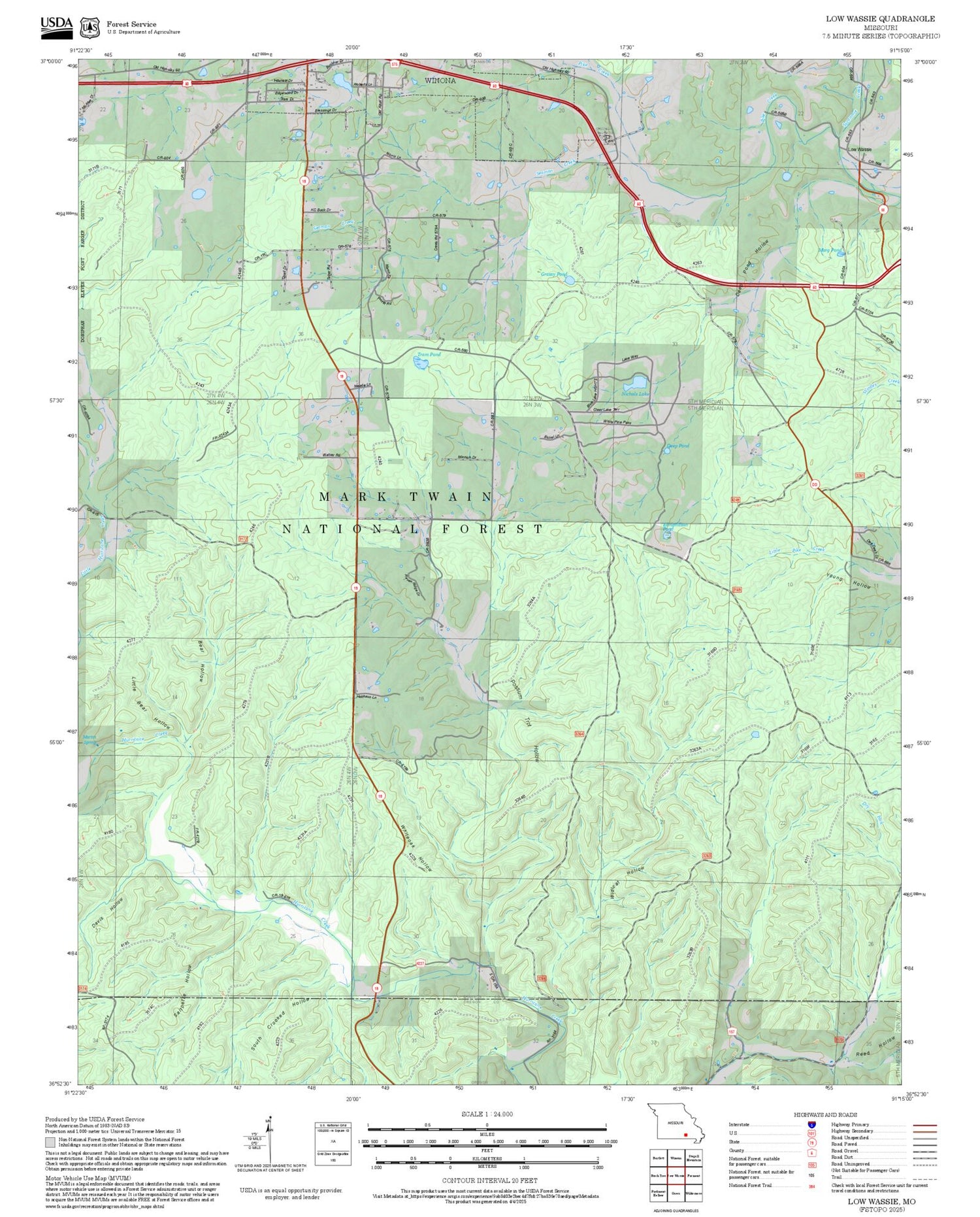 2025 Forest Service Topo Map of Low Wassie Missouri