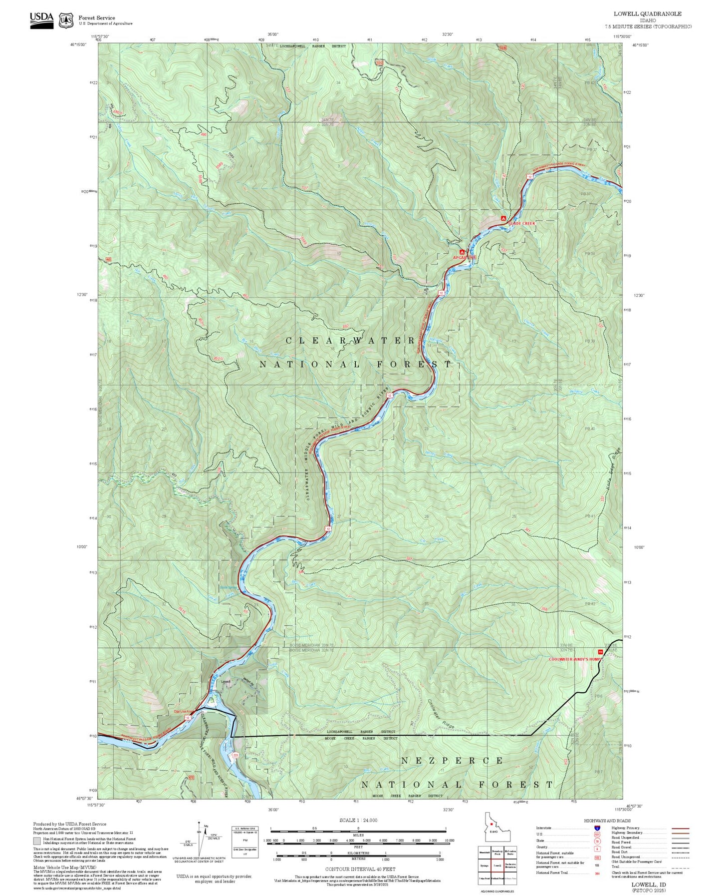 2025 Forest Service Topo Map of Lowell Idaho