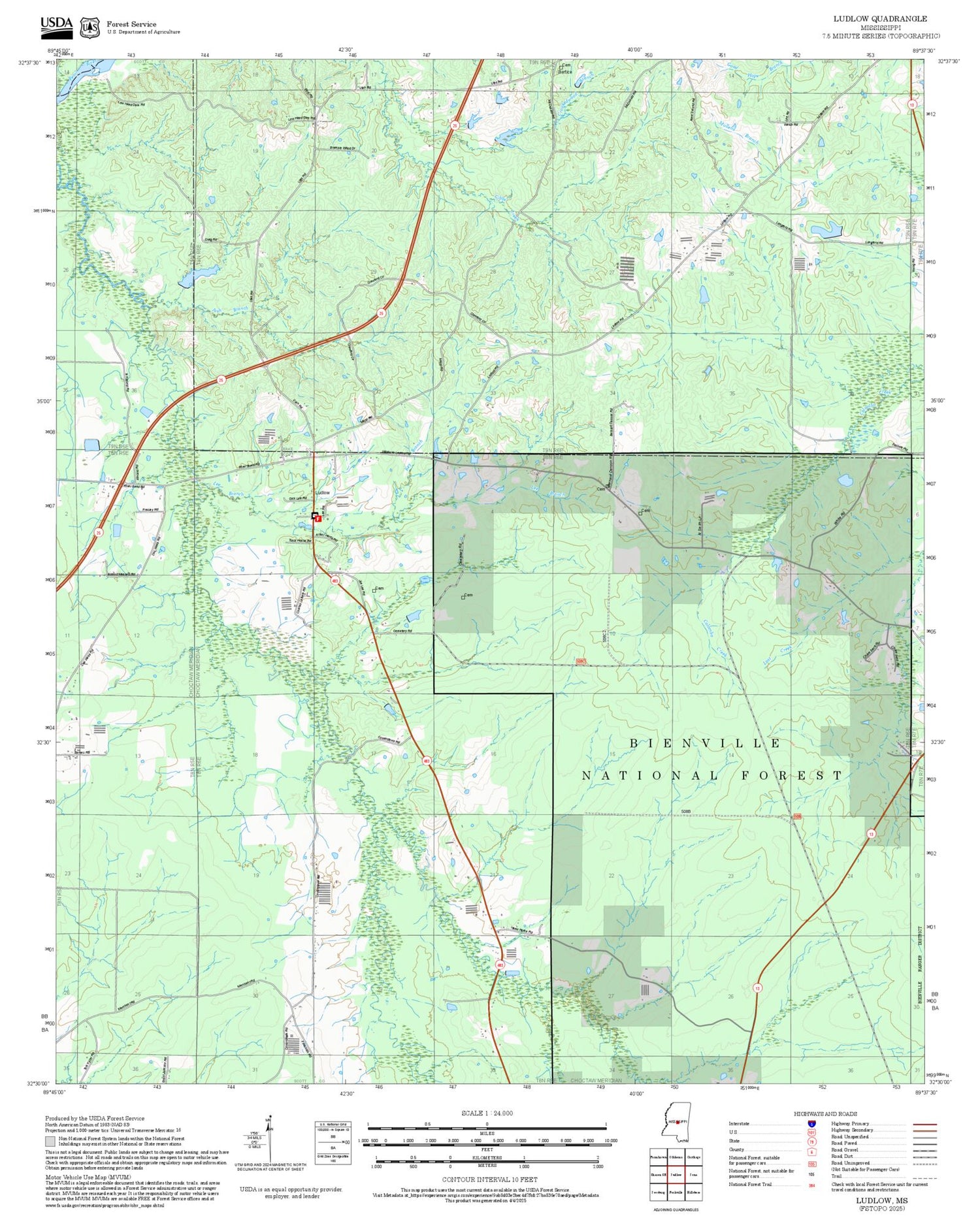 2025 Forest Service Topo Map of Ludlow Mississippi