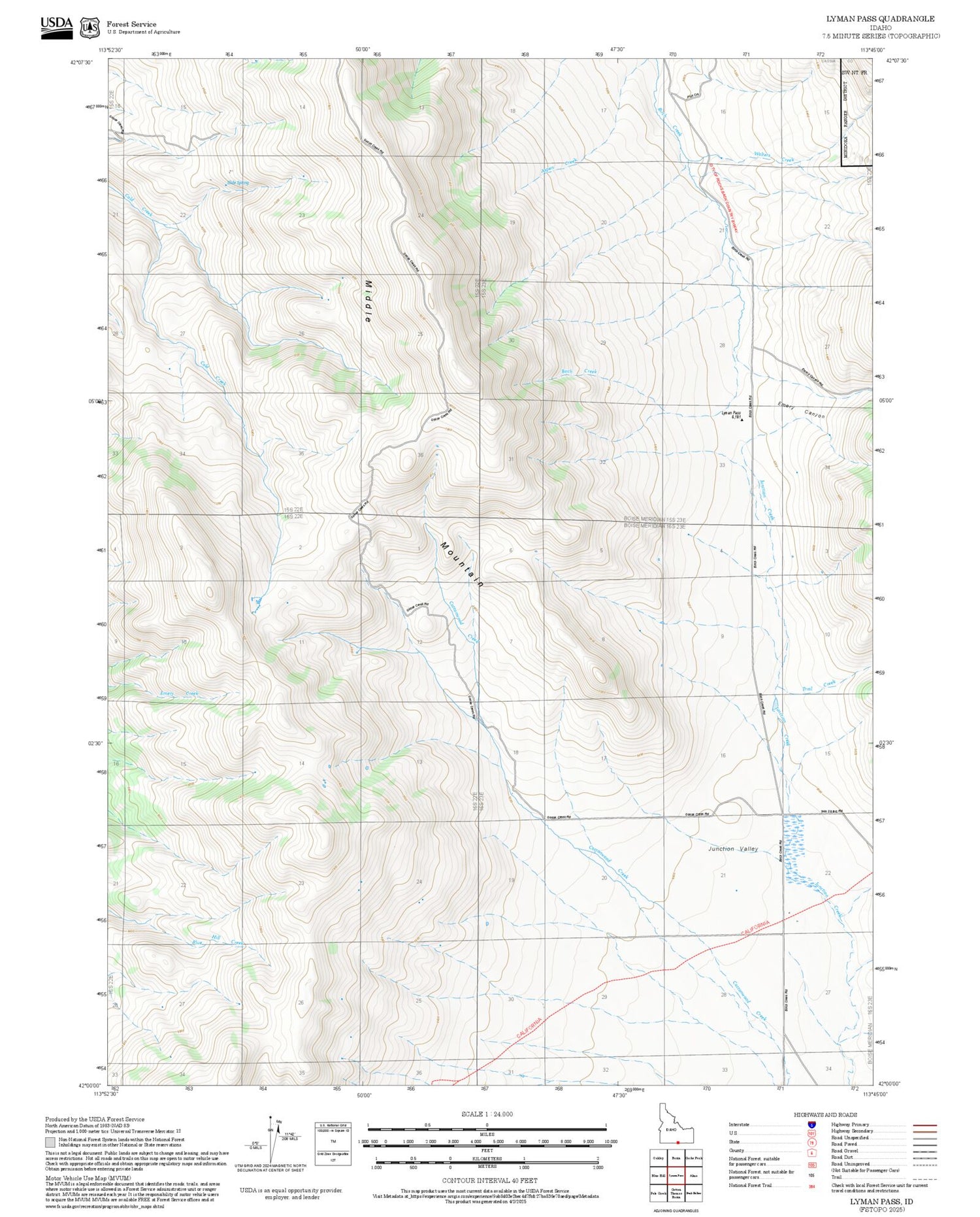 2025 Forest Service Topo Map of Lyman Pass Idaho