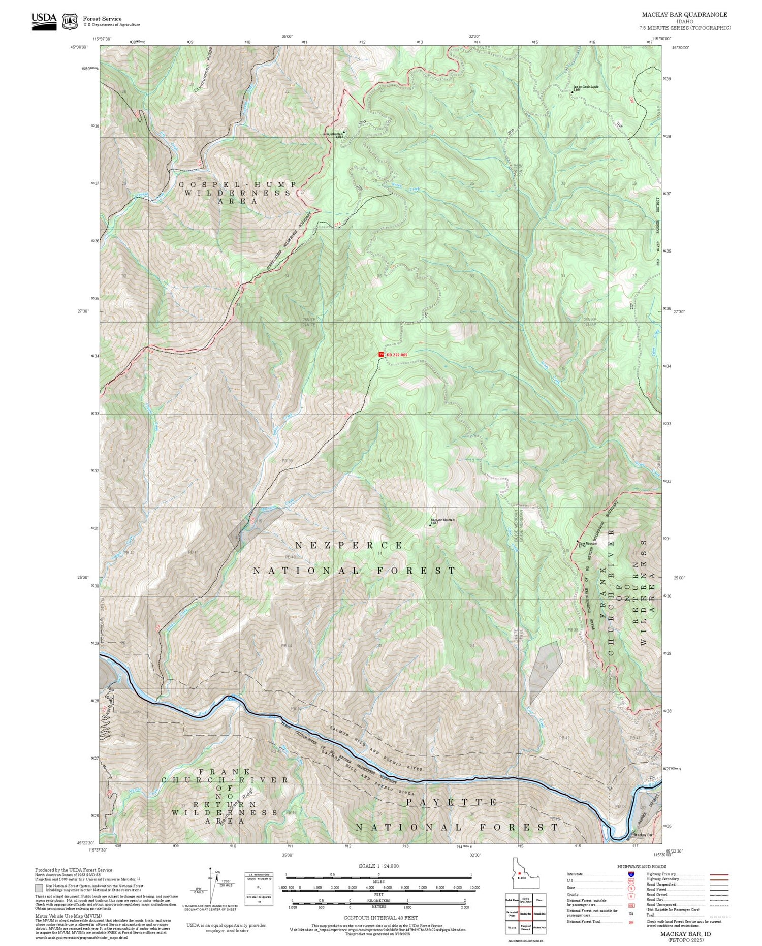 2025 Forest Service Topo Map of Mackay Bar Idaho