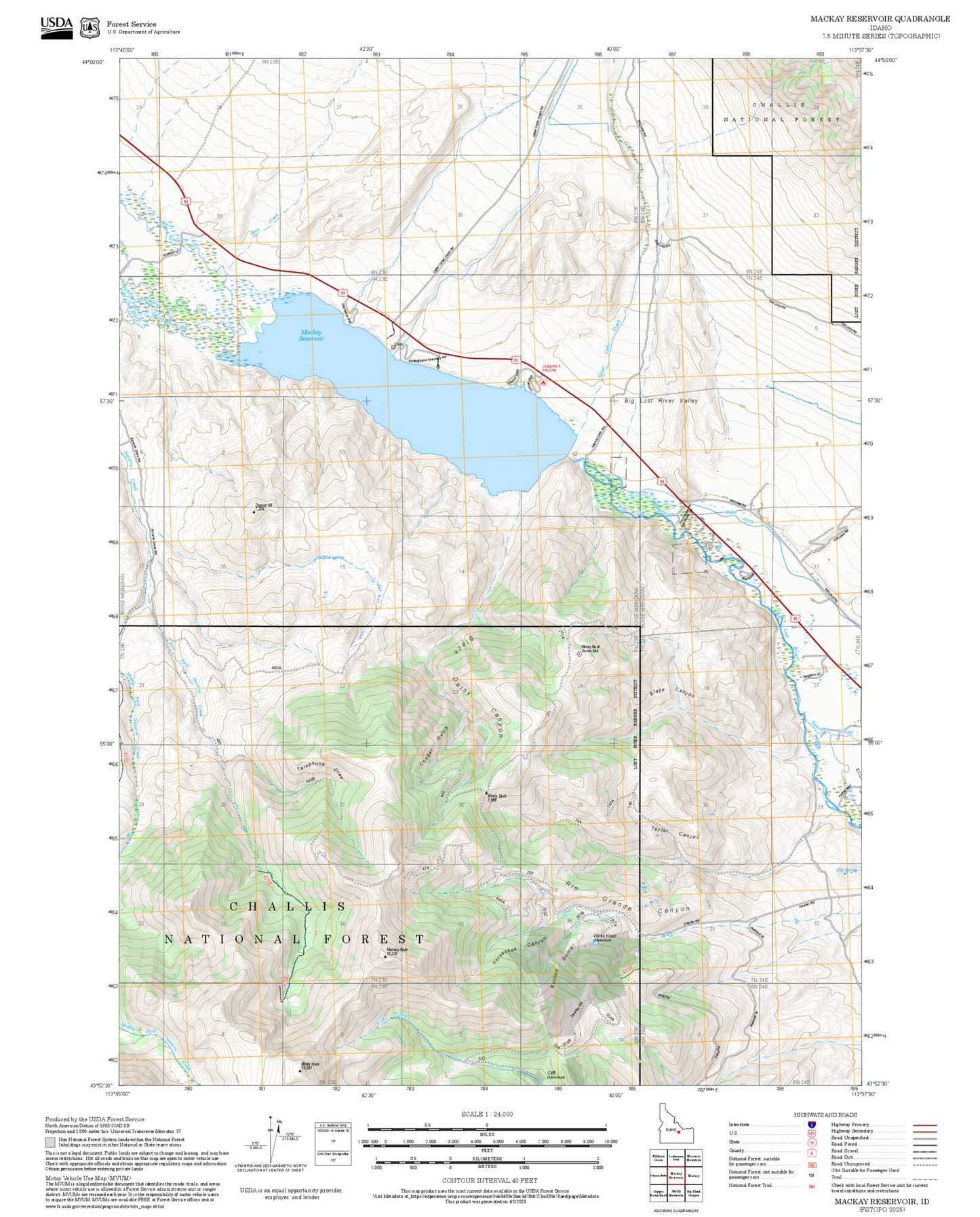 2025 Forest Service Topo Map of Mackay Reservoir Idaho