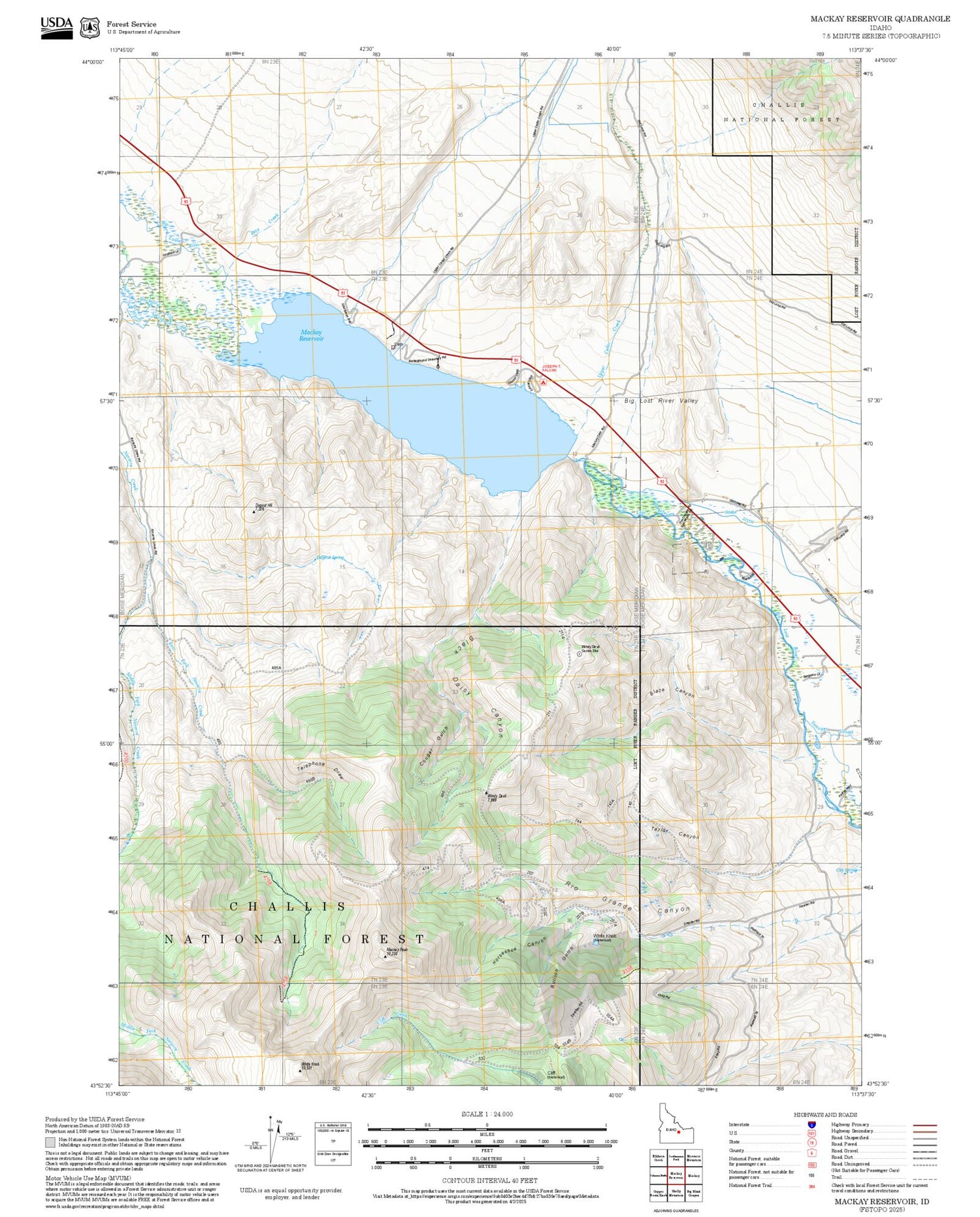 2025 Forest Service Topo Map of Mackay Reservoir Idaho