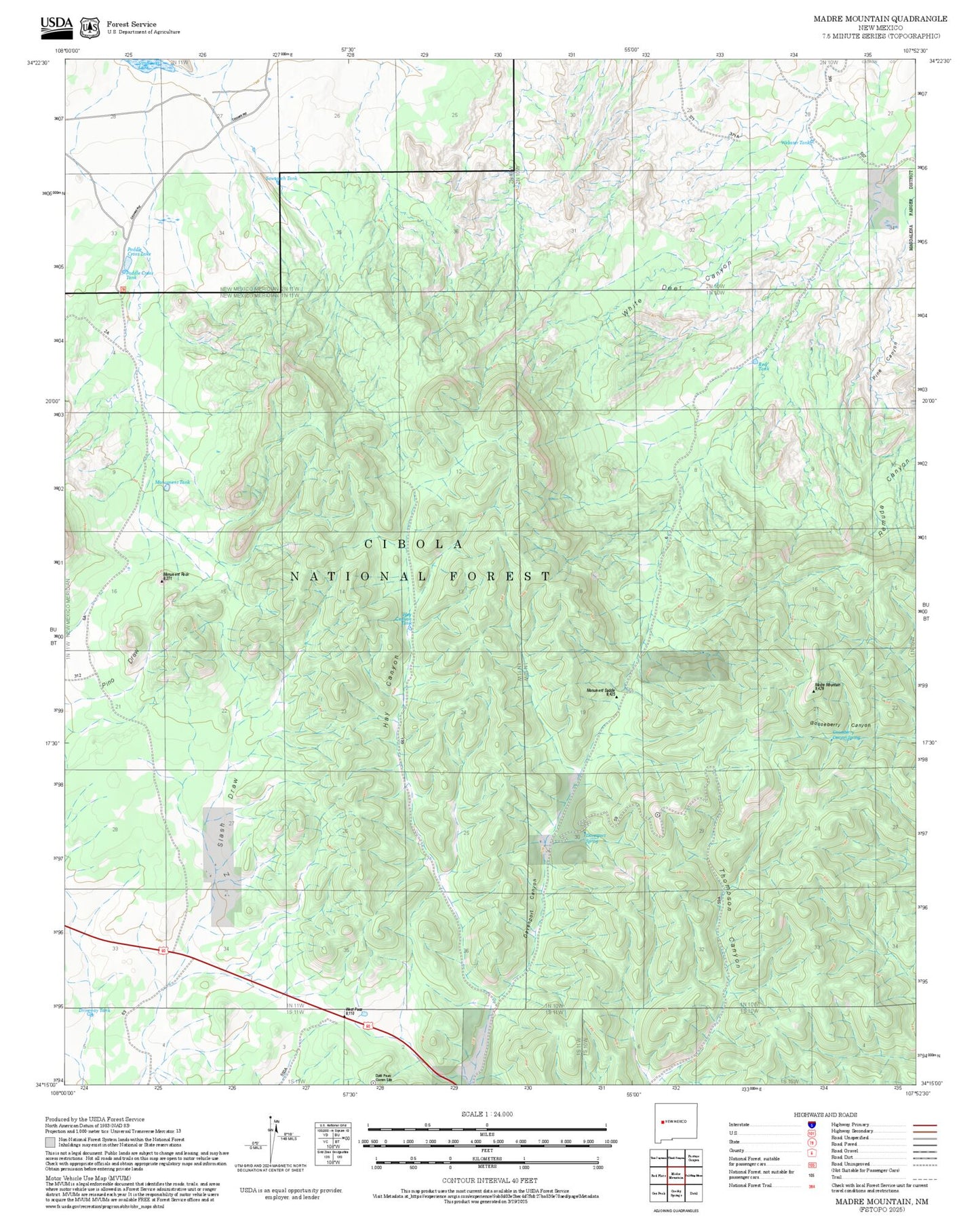 2025 Forest Service Topo Map of Madre Mountain New Mexico