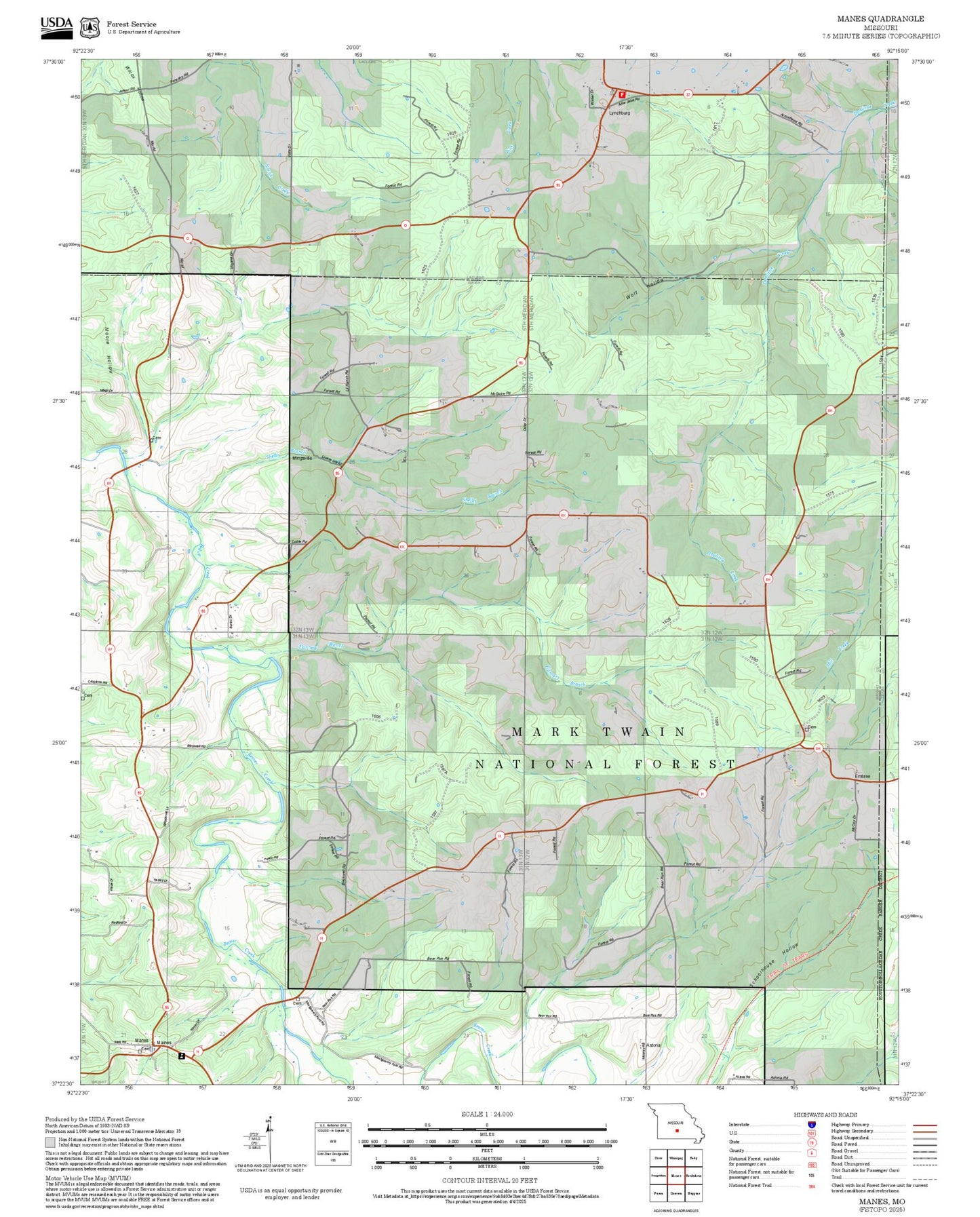 2025 Forest Service Topo Map of Manes Missouri