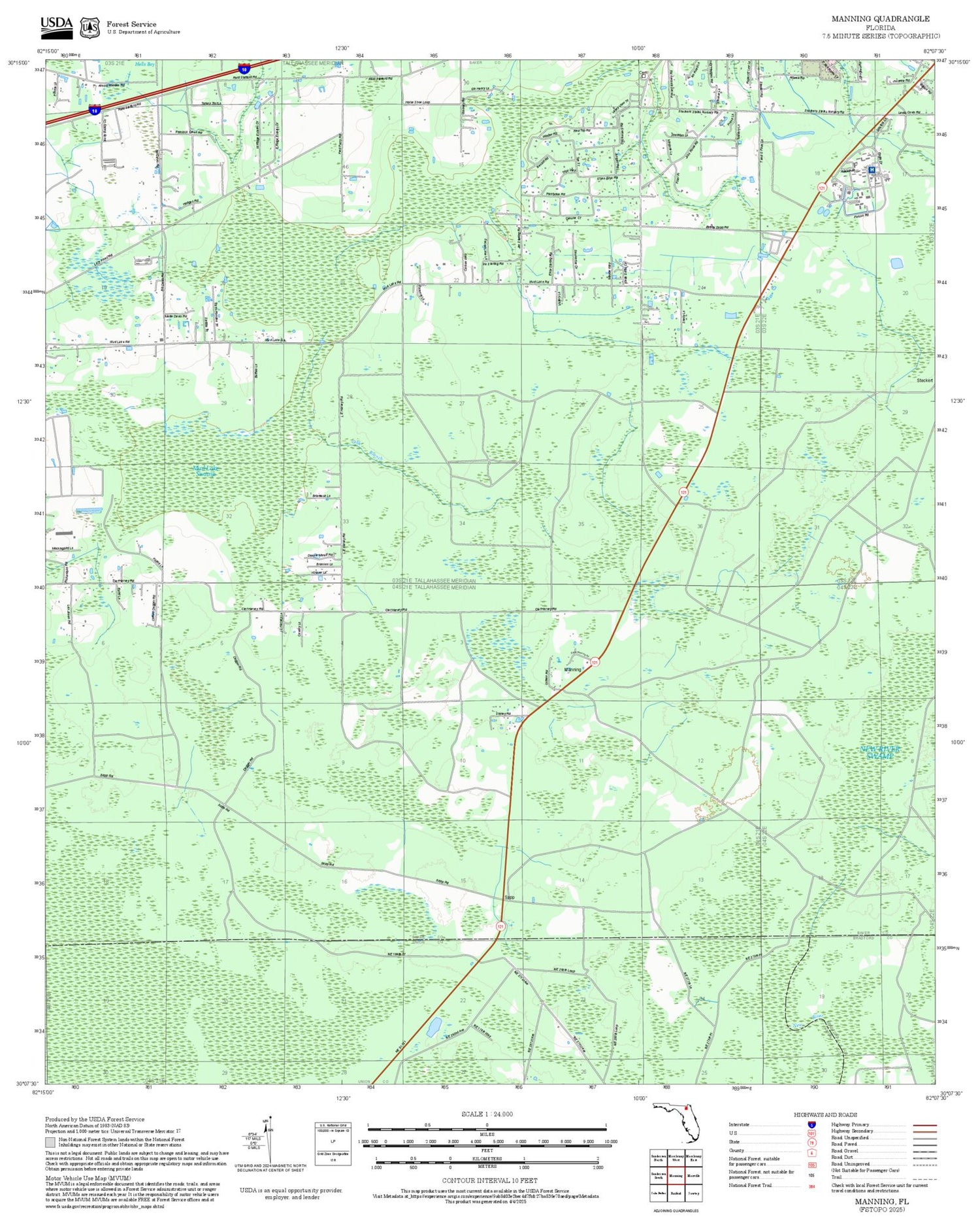 2025 Forest Service Topo Map of Manning Florida