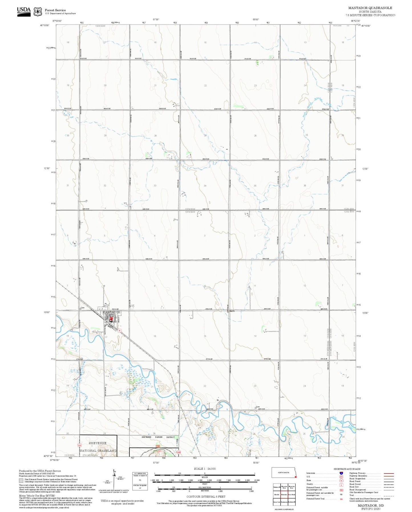 2025 Forest Service Topo Map of Mantador North Dakota