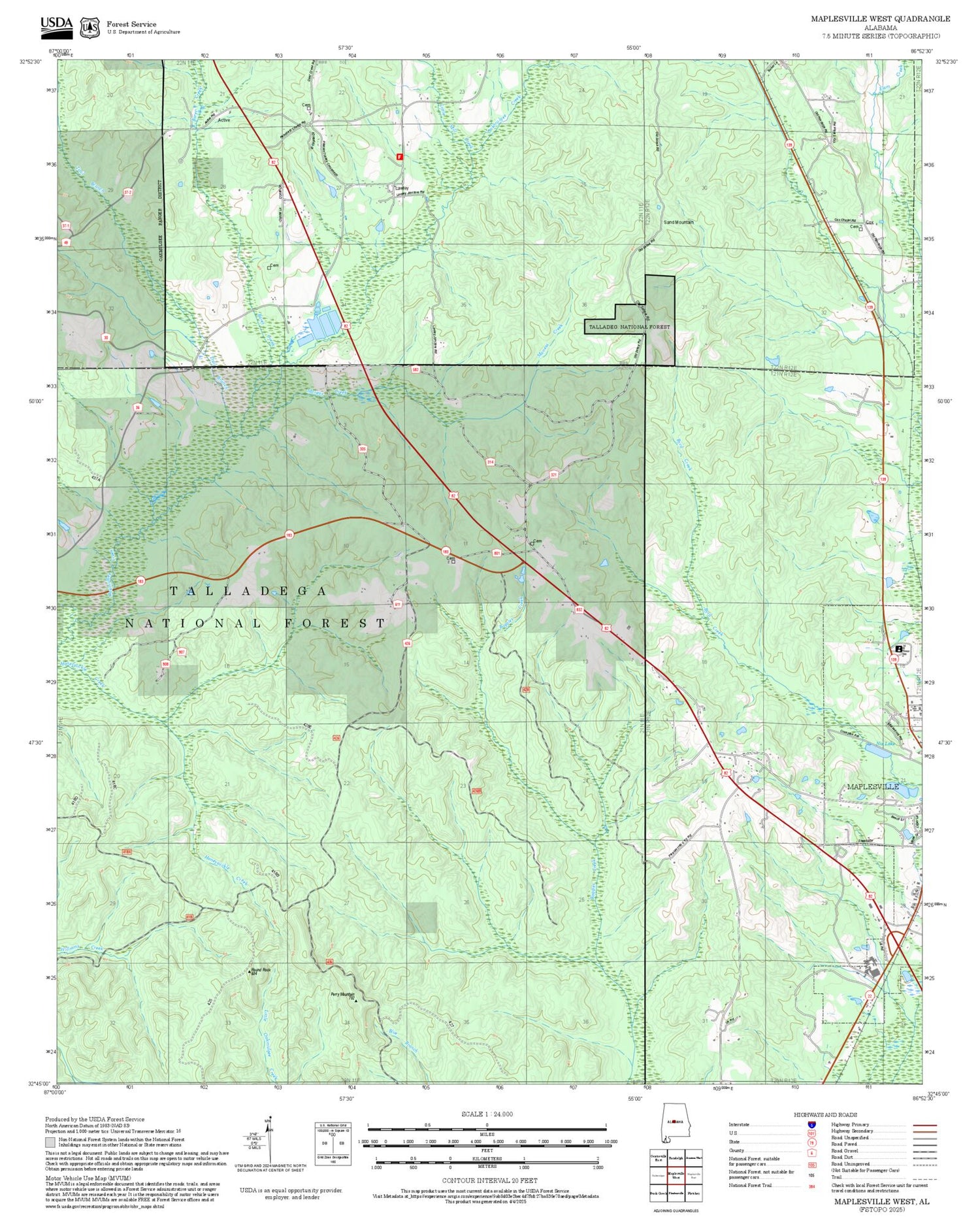 2025 Forest Service Topo Map of Maplesville West Alabama