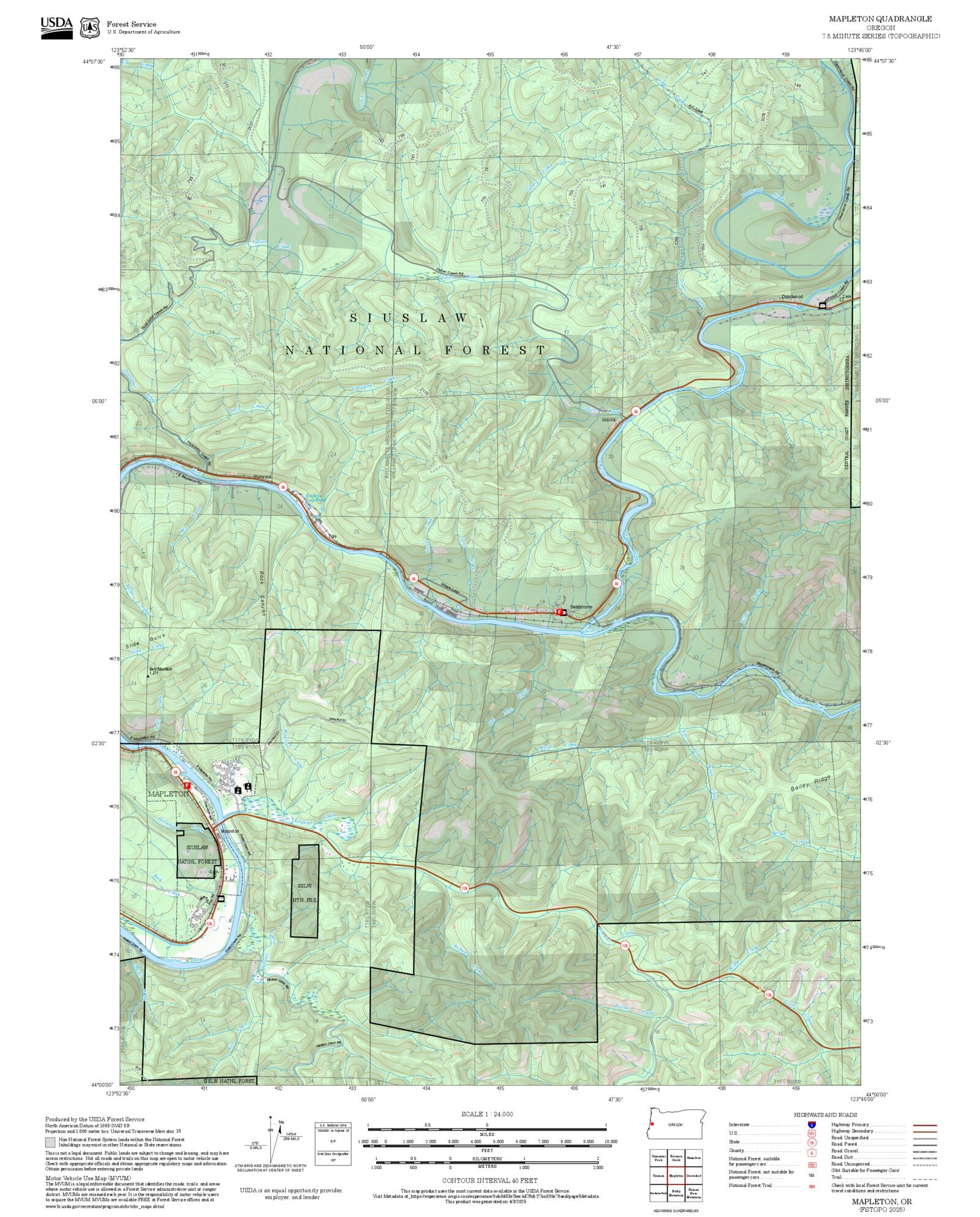 2025 Forest Service Topo Map of Mapleton Oregon – MyTopo Map Store
