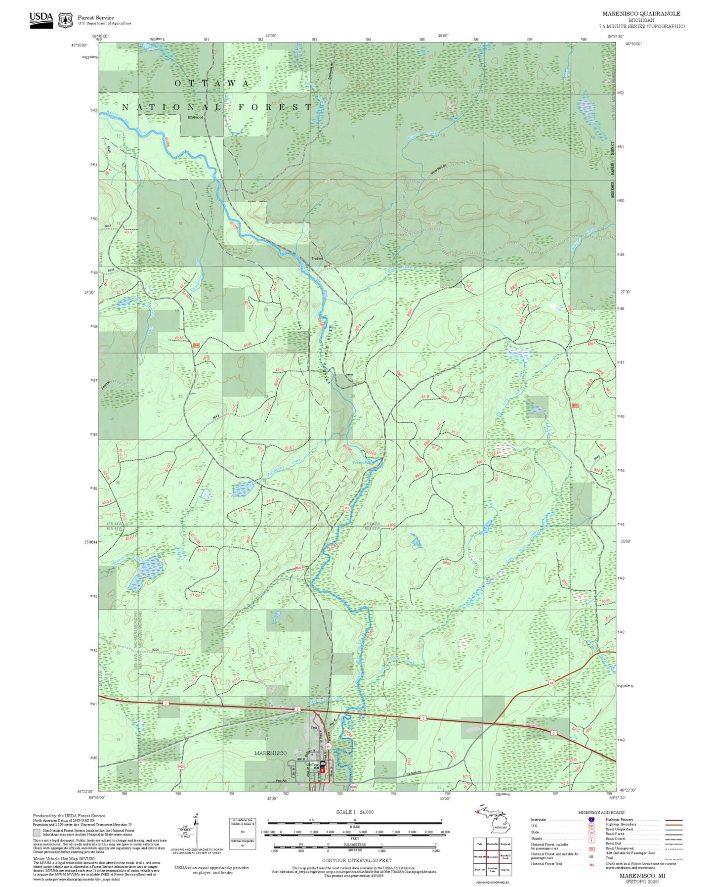 2025 Forest Service Topo Map of Marenisco Michigan