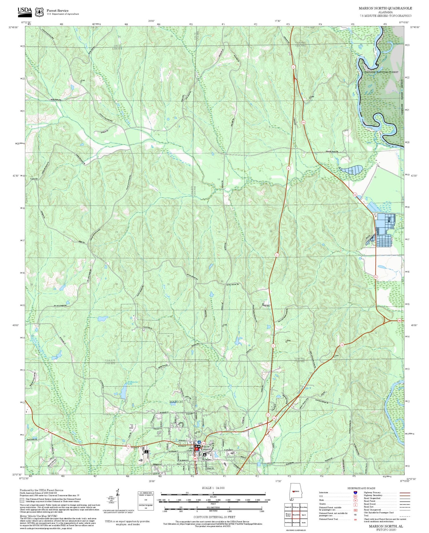 2025 Forest Service Topo Map of Marion North Alabama